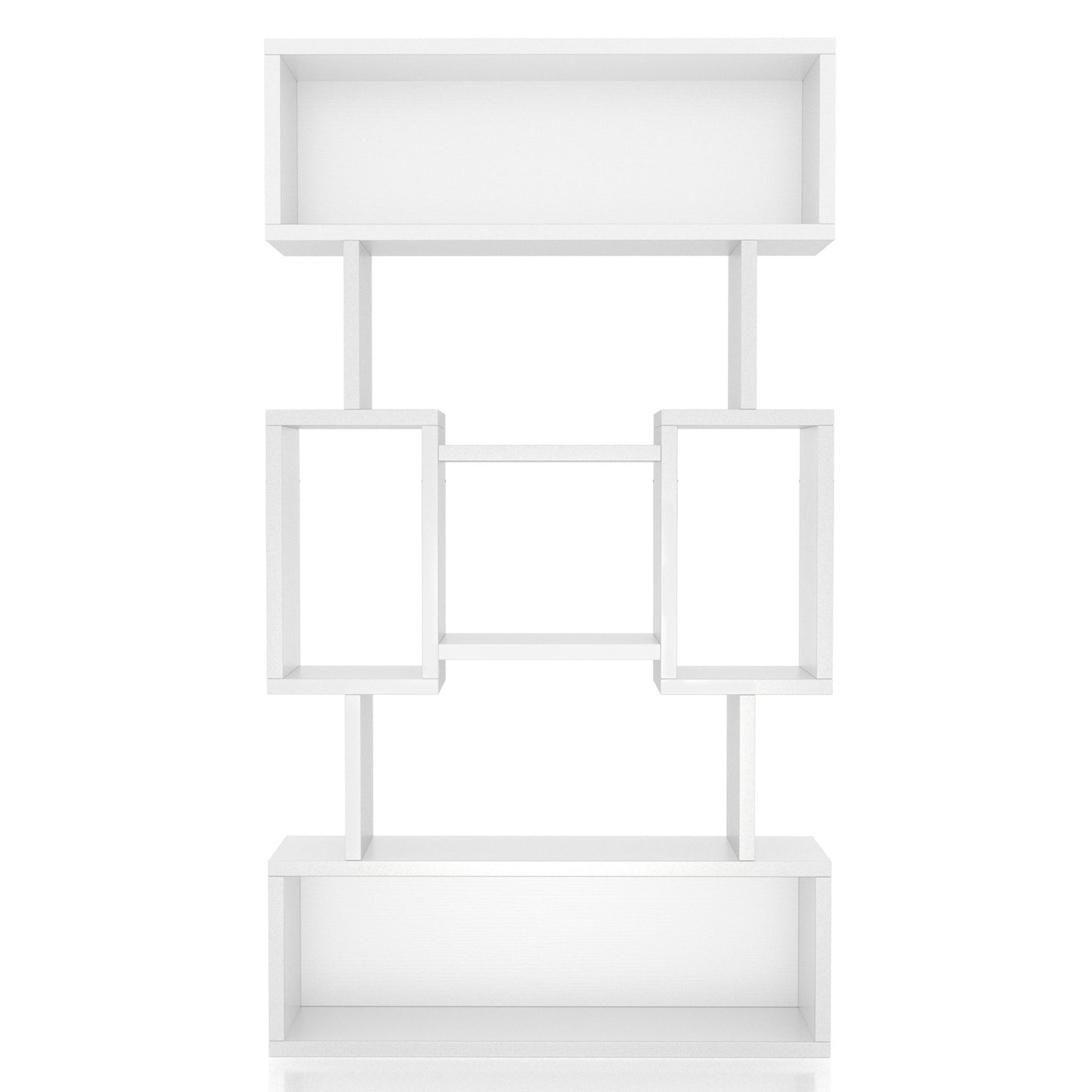 Front-facing modern white open cubic bookcase display shelf on a white background