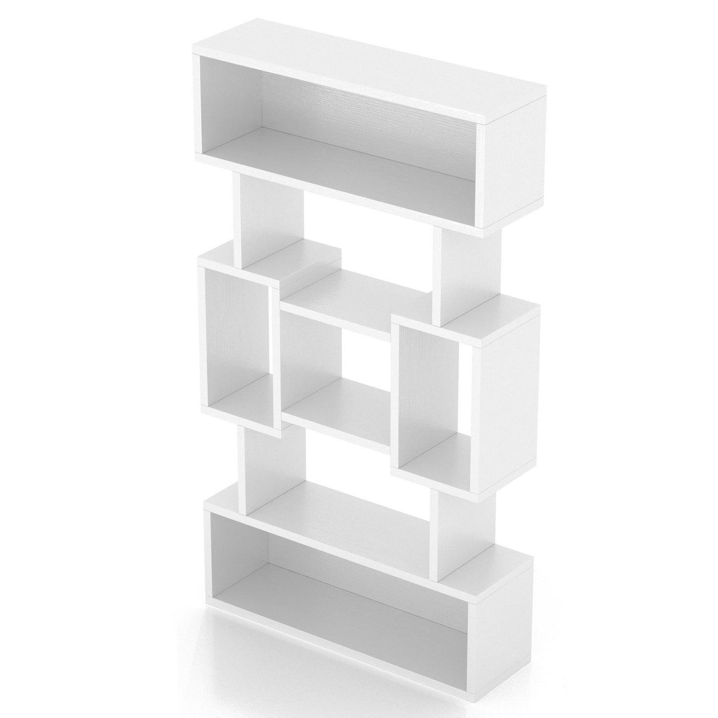 Left angled upper view of a modern white open cubic bookcase display shelf on a white background