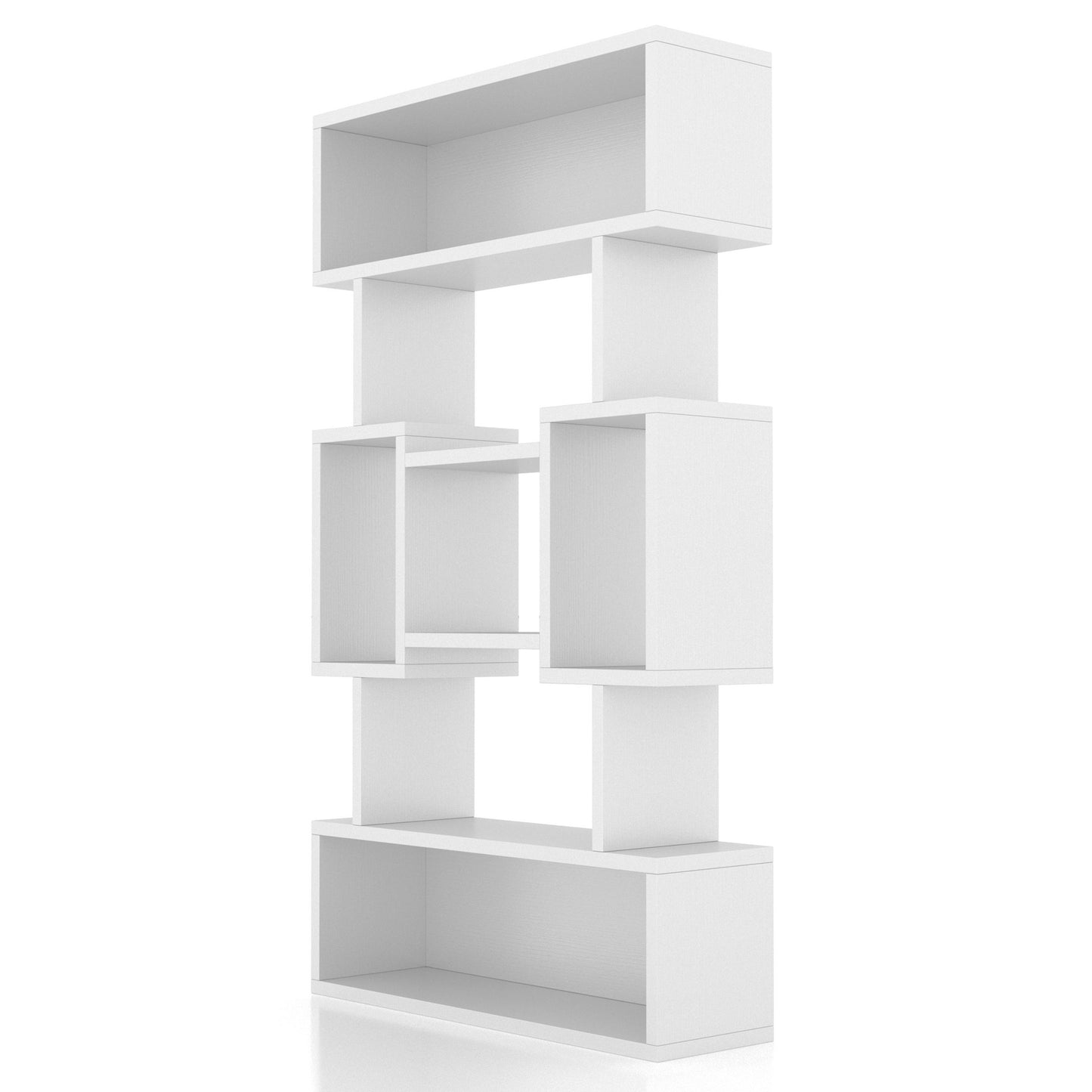 Left angled modern white open cubic bookcase display shelf on a white background