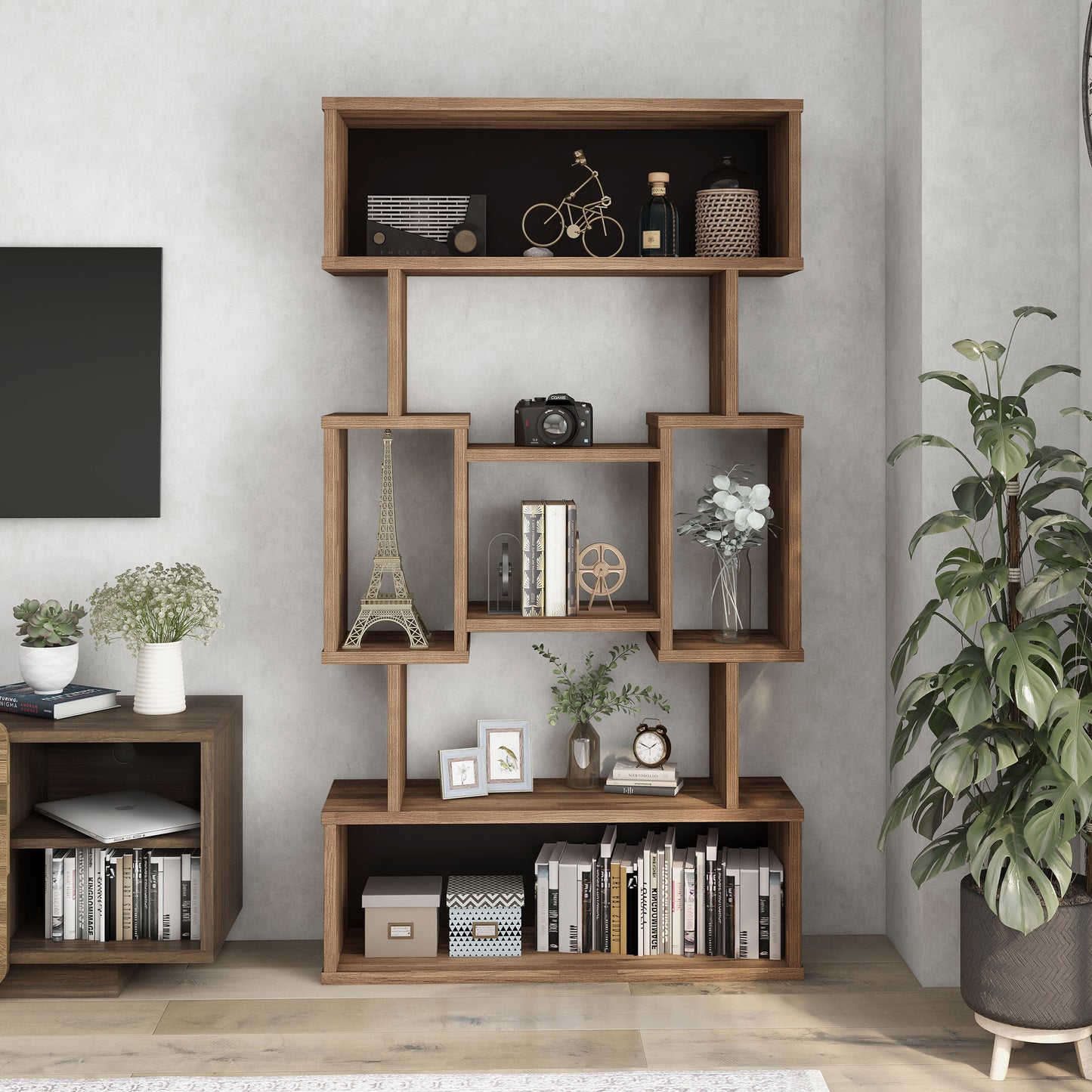 Front-facing modern light hickory open cubic bookcase display shelf in a living room with accessories