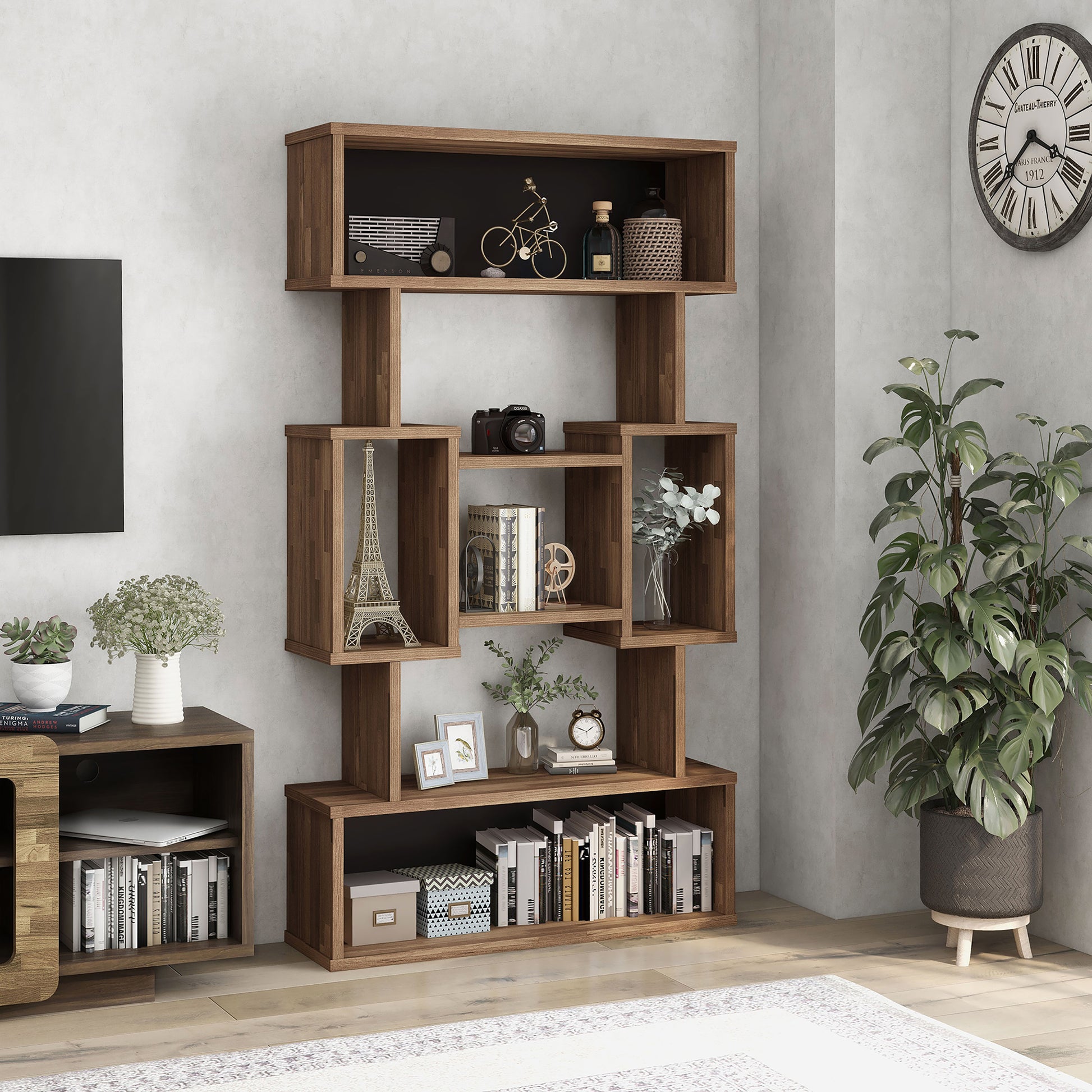 Right angled modern light hickory open cubic bookcase display shelf in a living room with accessories
