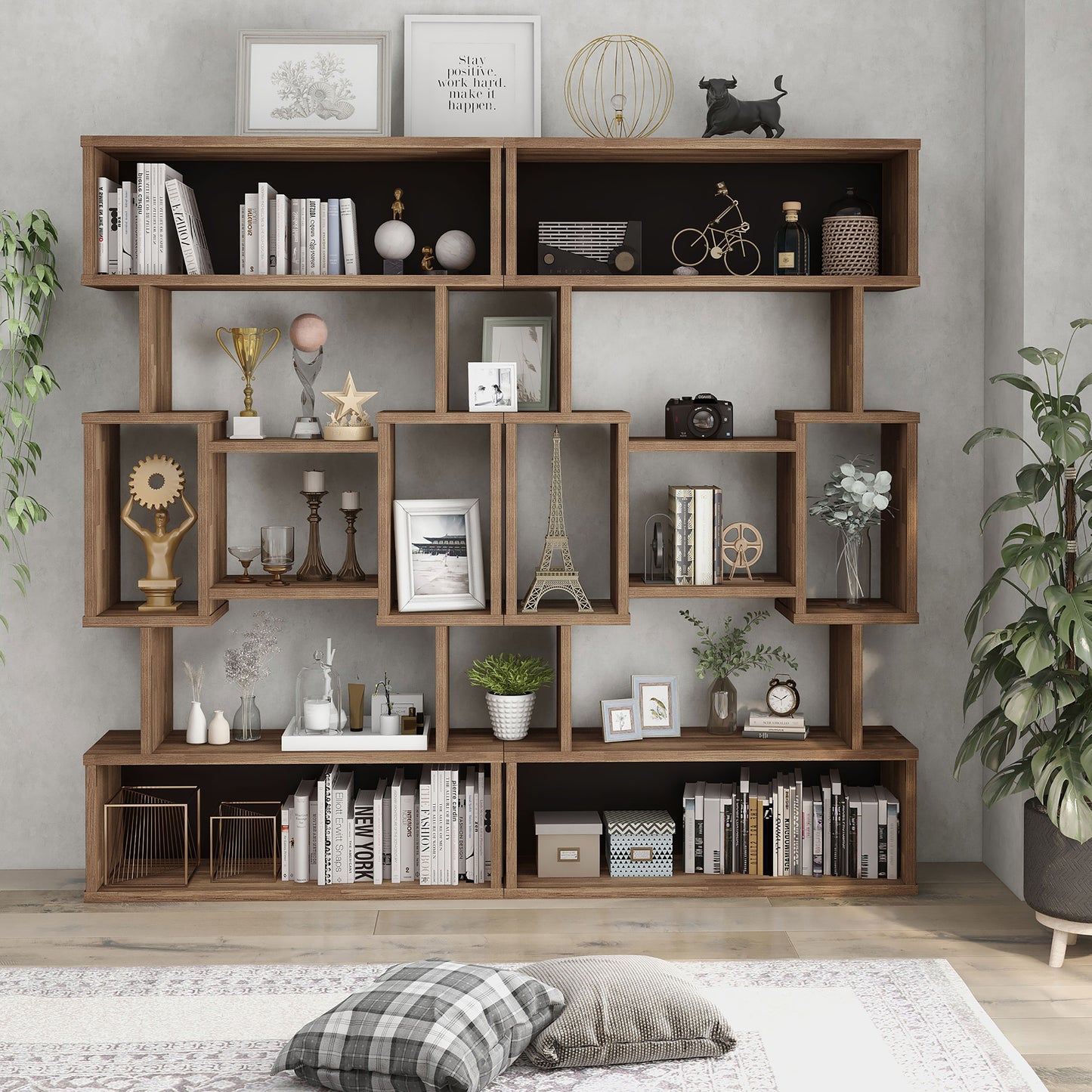 Front-facing modern light hickory open cubic bookcase display shelf in a living room with accessories (shown as set of two)