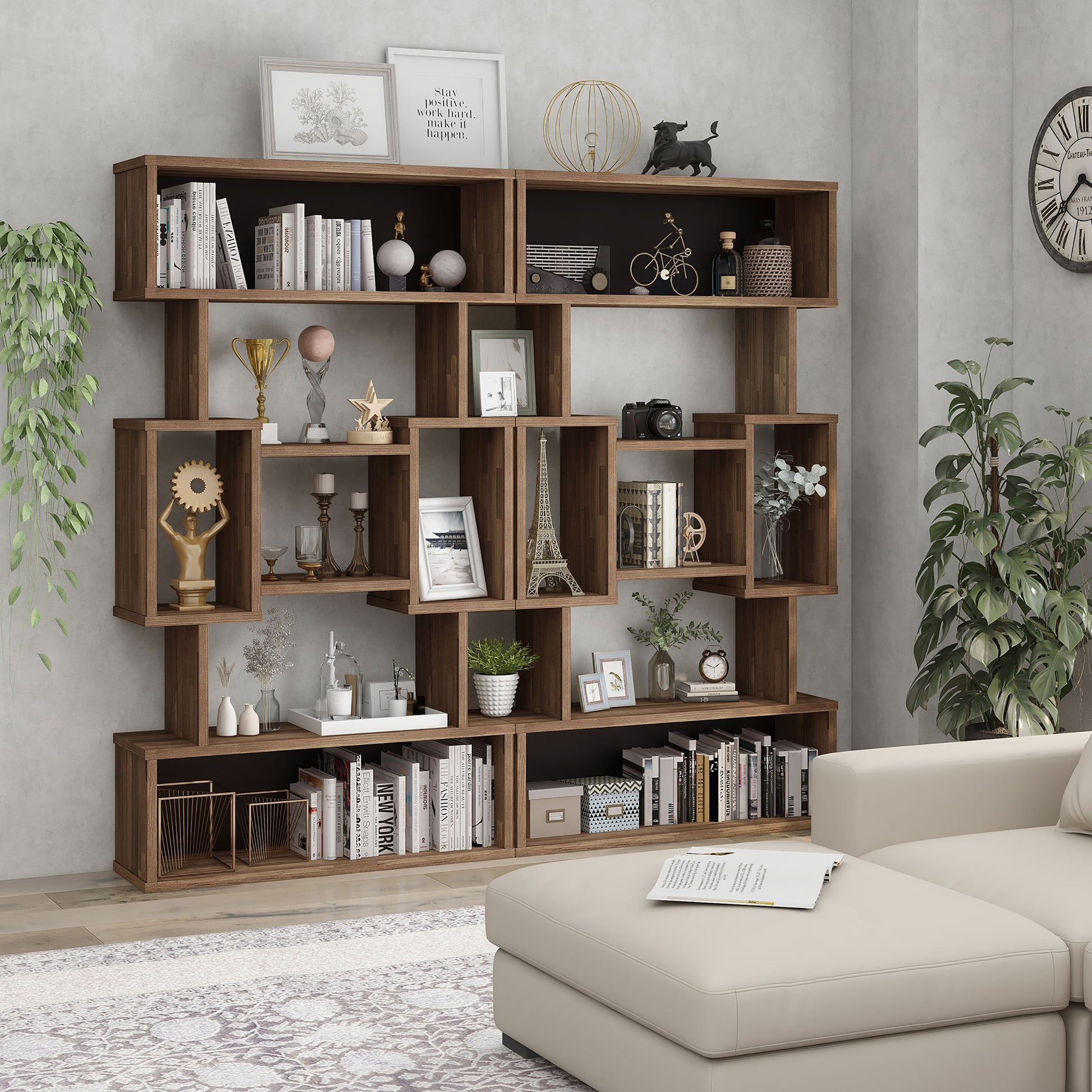 Right angled modern light hickory open cubic bookcase display shelf in a living room with accessories (shown as set of two)