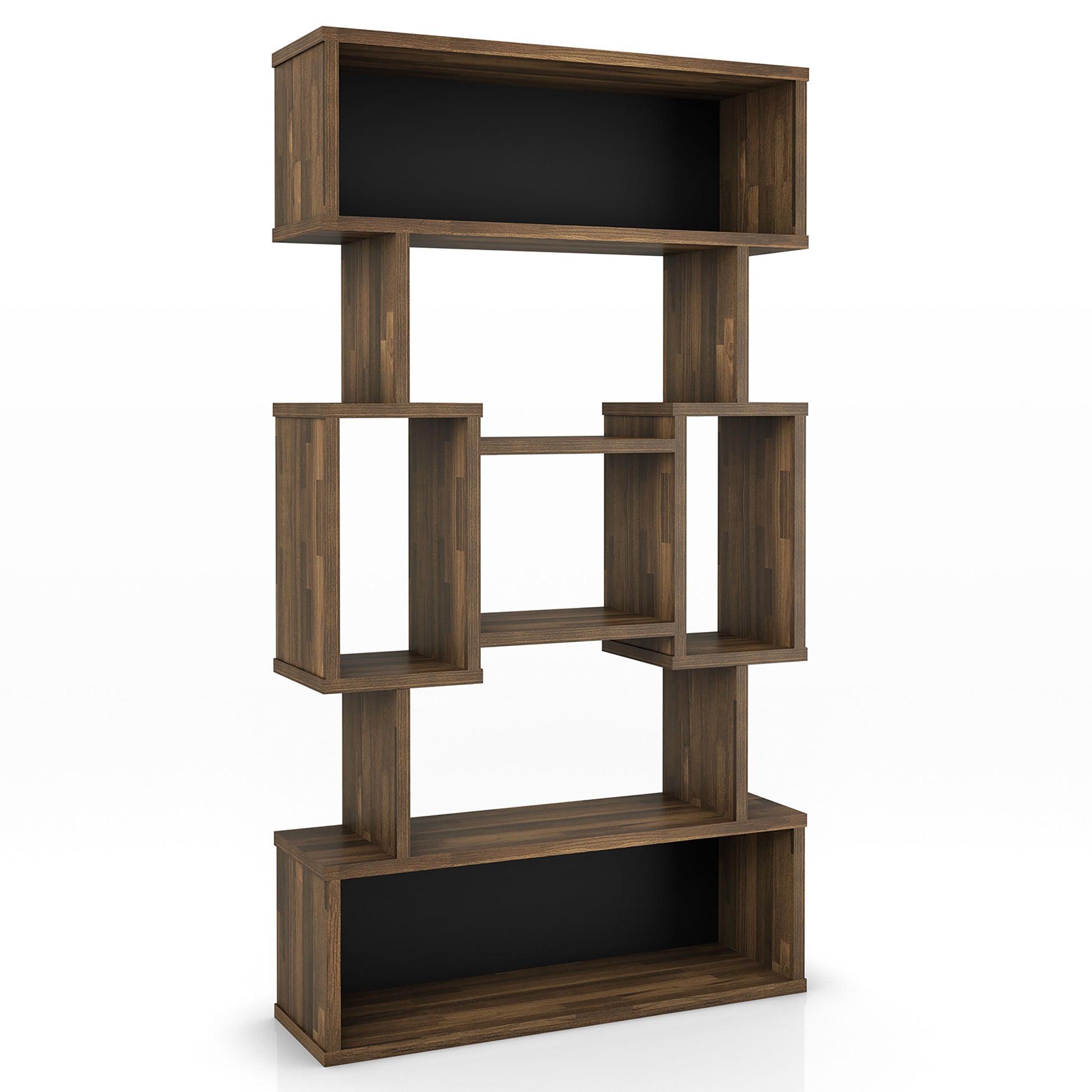 Right angled modern light hickory open cubic bookcase display shelf on a white background