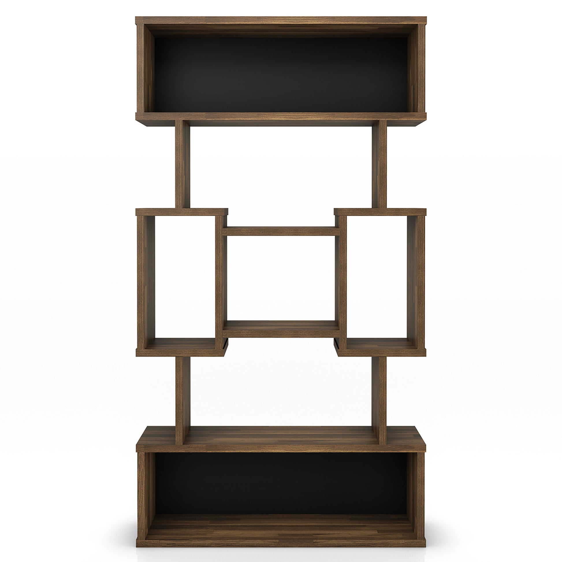 Front-facing modern light hickory open cubic bookcase display shelf on a white background