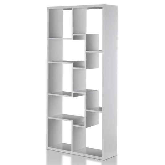 Left angled modern white geometric open display bookcase on a white background
