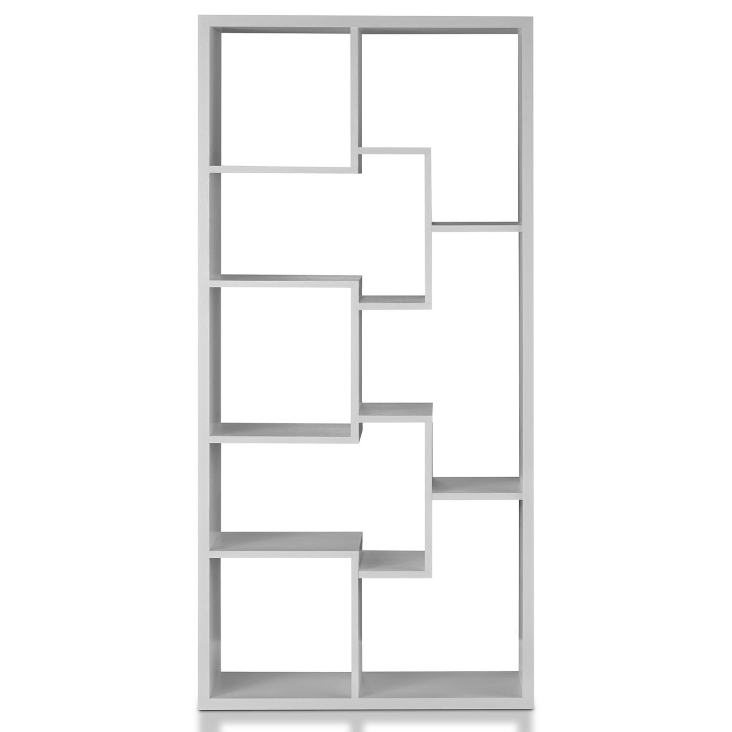 Front-facing modern white geometric open display bookcase on a white background