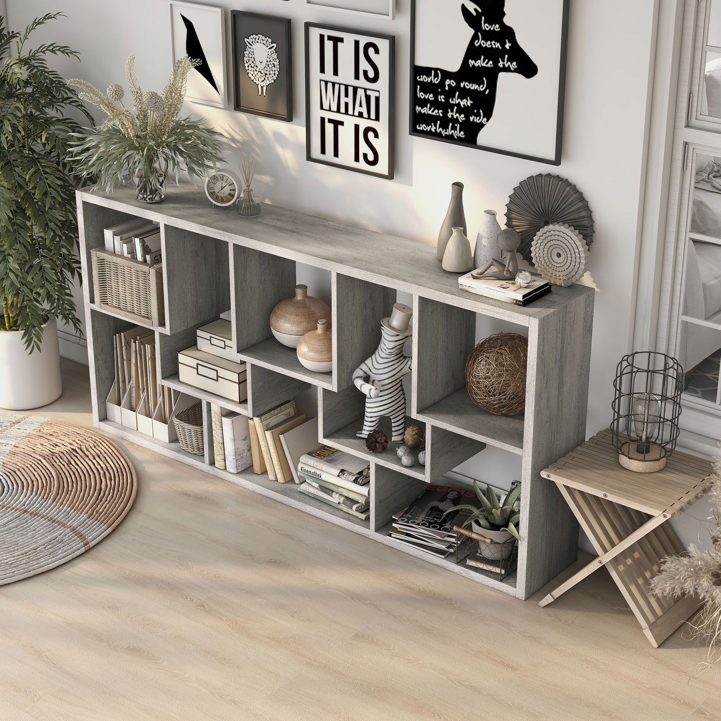 Left angled horizontal modern vintage gray oak geometric open display bookcase in a living room with accessories