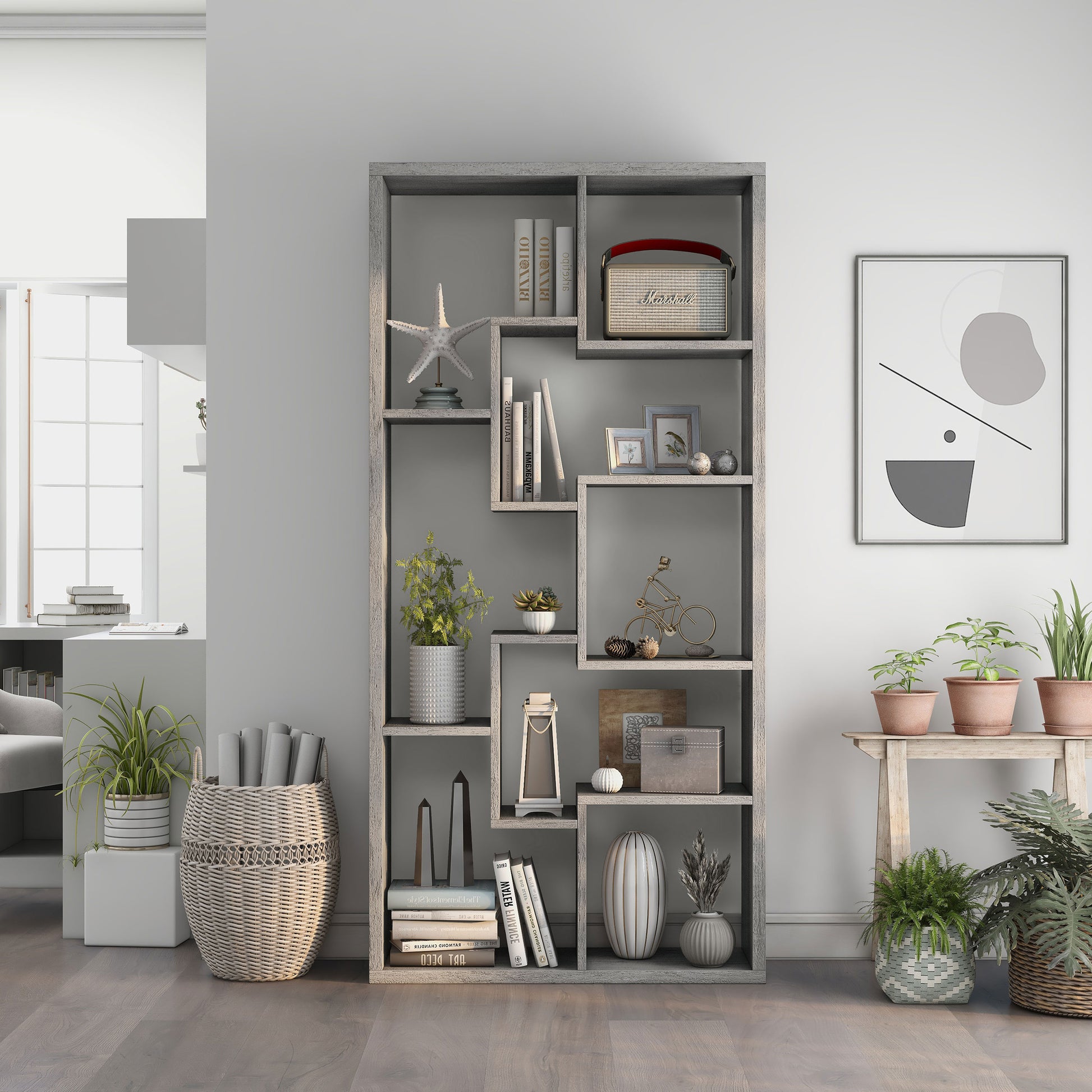 Front-facing modern vintage gray oak geometric open display bookcase in a living room with accessories