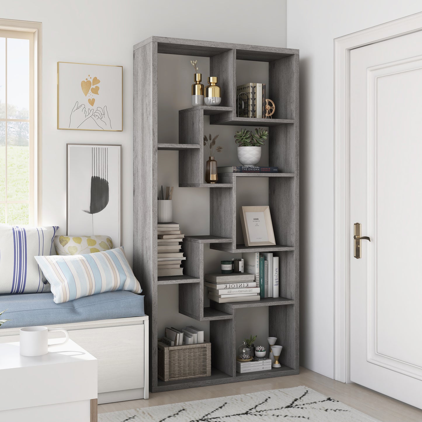 Right angled modern vintage gray oak geometric open display bookcase in a bedroom with accessories