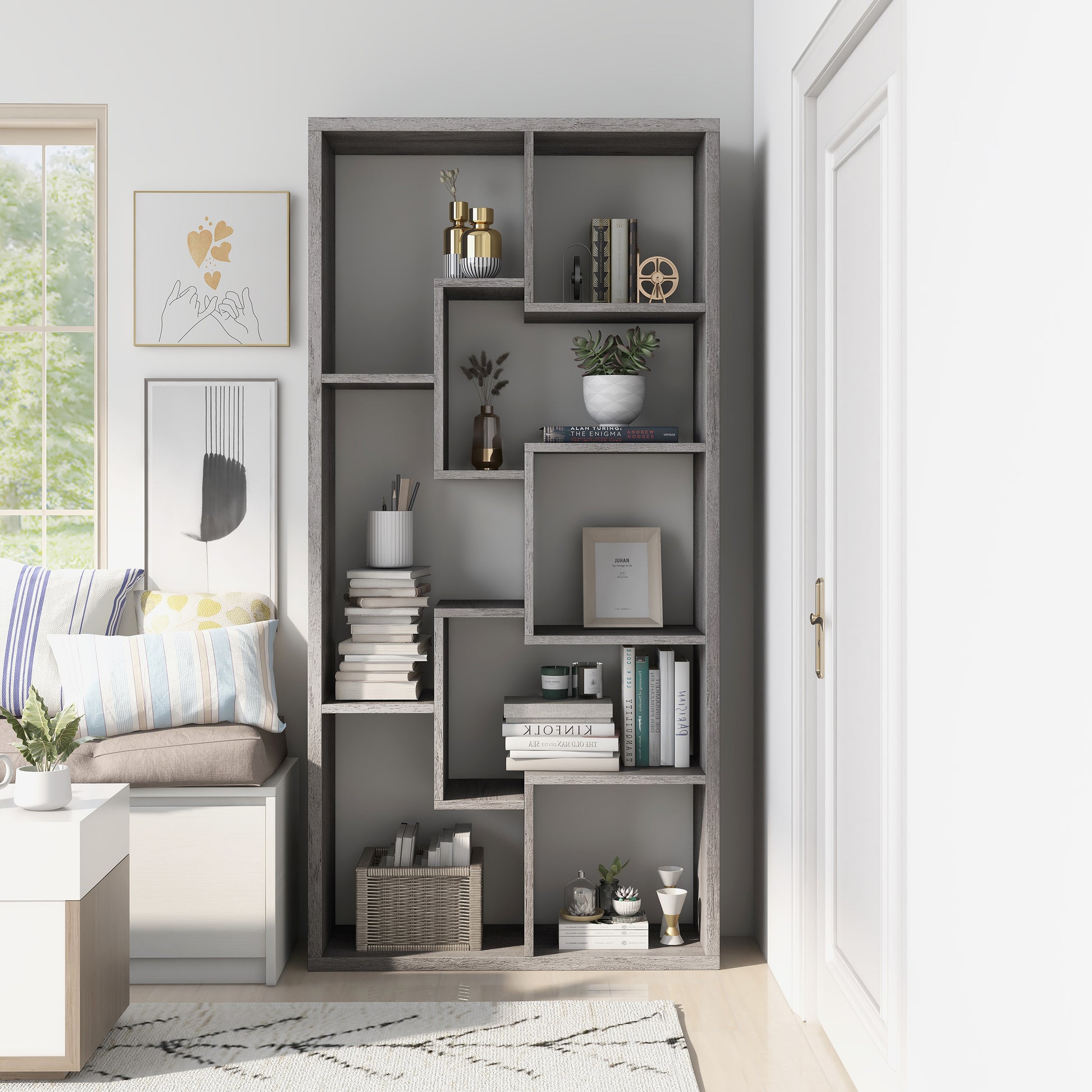 Left angled modern vintage gray oak geometric open display bookcase in a living room with accessories