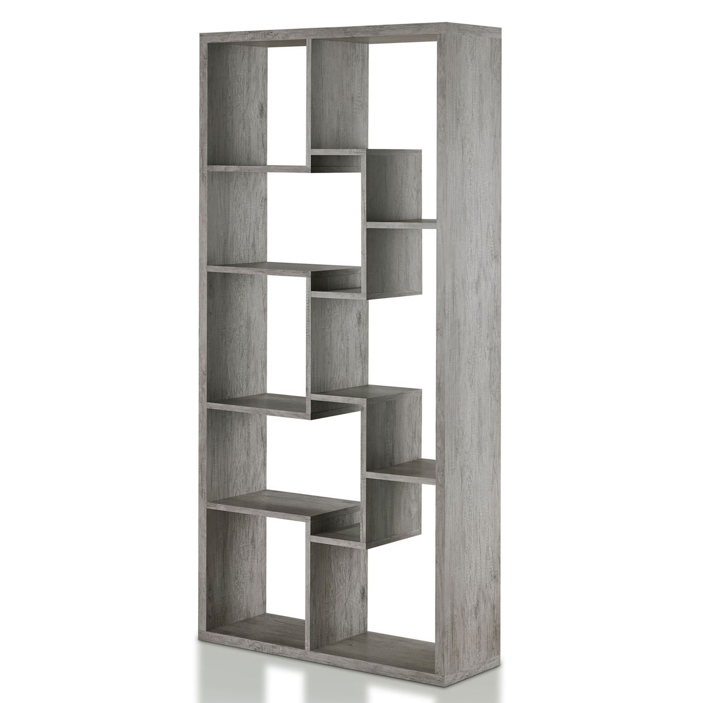 Left angled modern vintage gray oak geometric open display bookcase on a white background