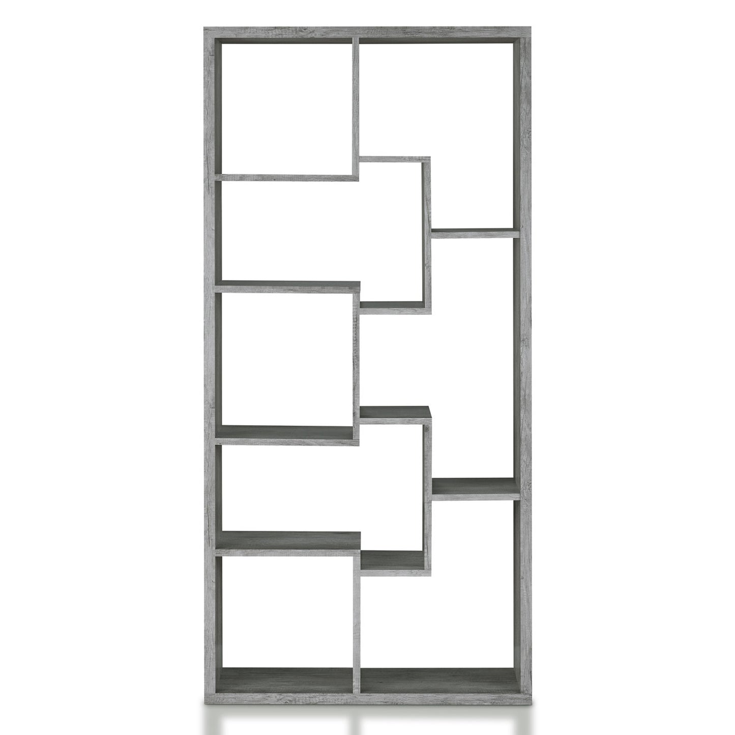 Front-facing modern vintage gray oak geometric open display bookcase on a white background