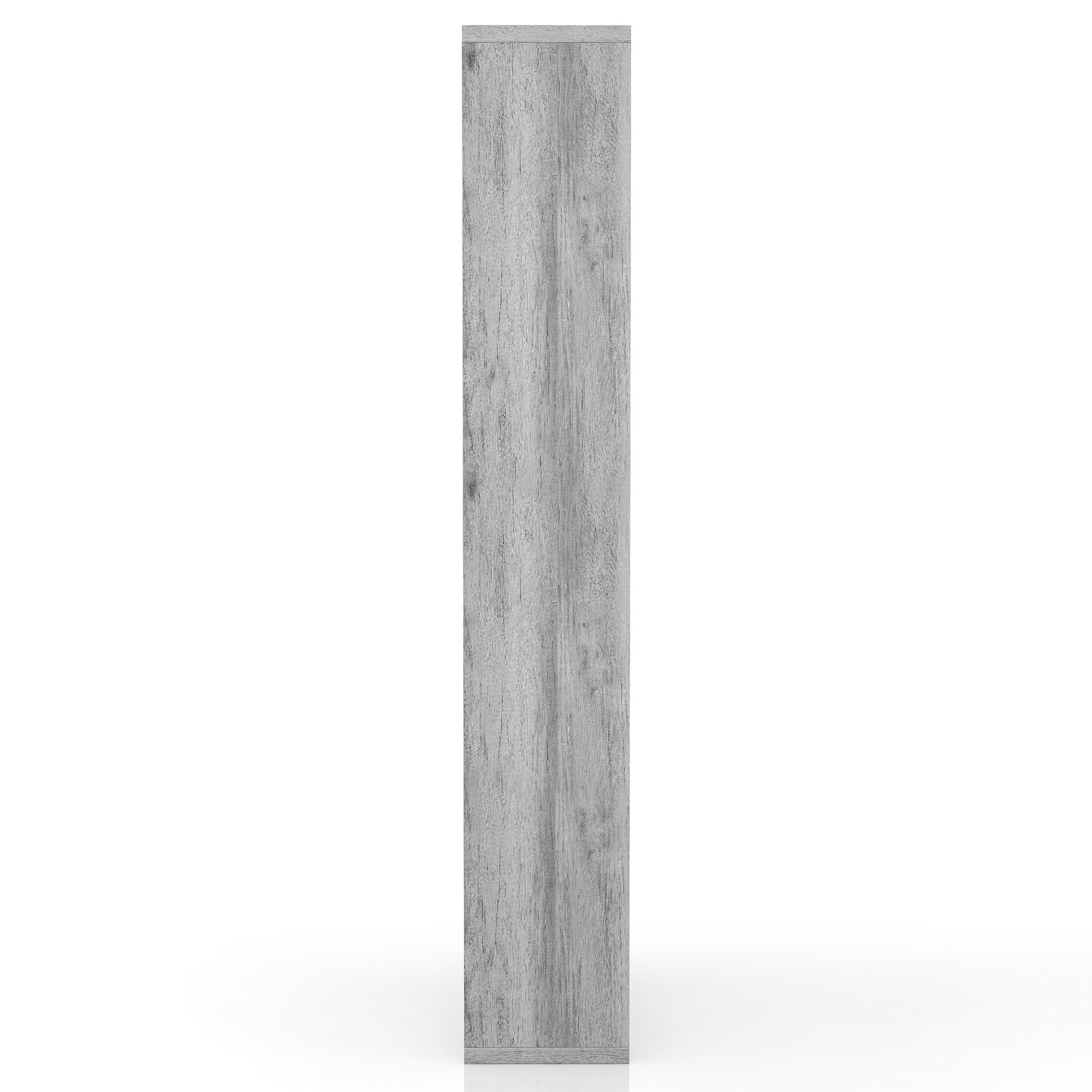 Front-facing side view of a modern vintage gray oak geometric open display bookcase on a white background