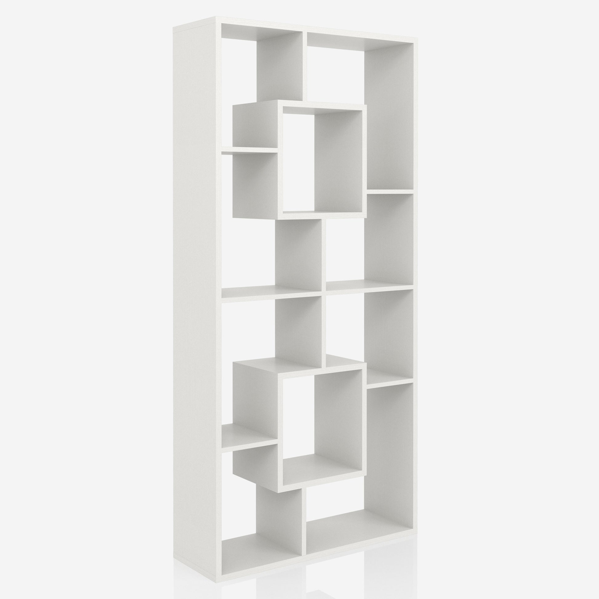 Right angled modern white geometric cube open display bookcase on a white background