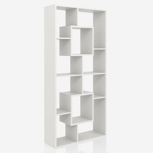 Right angled modern white geometric cube open display bookcase on a white background