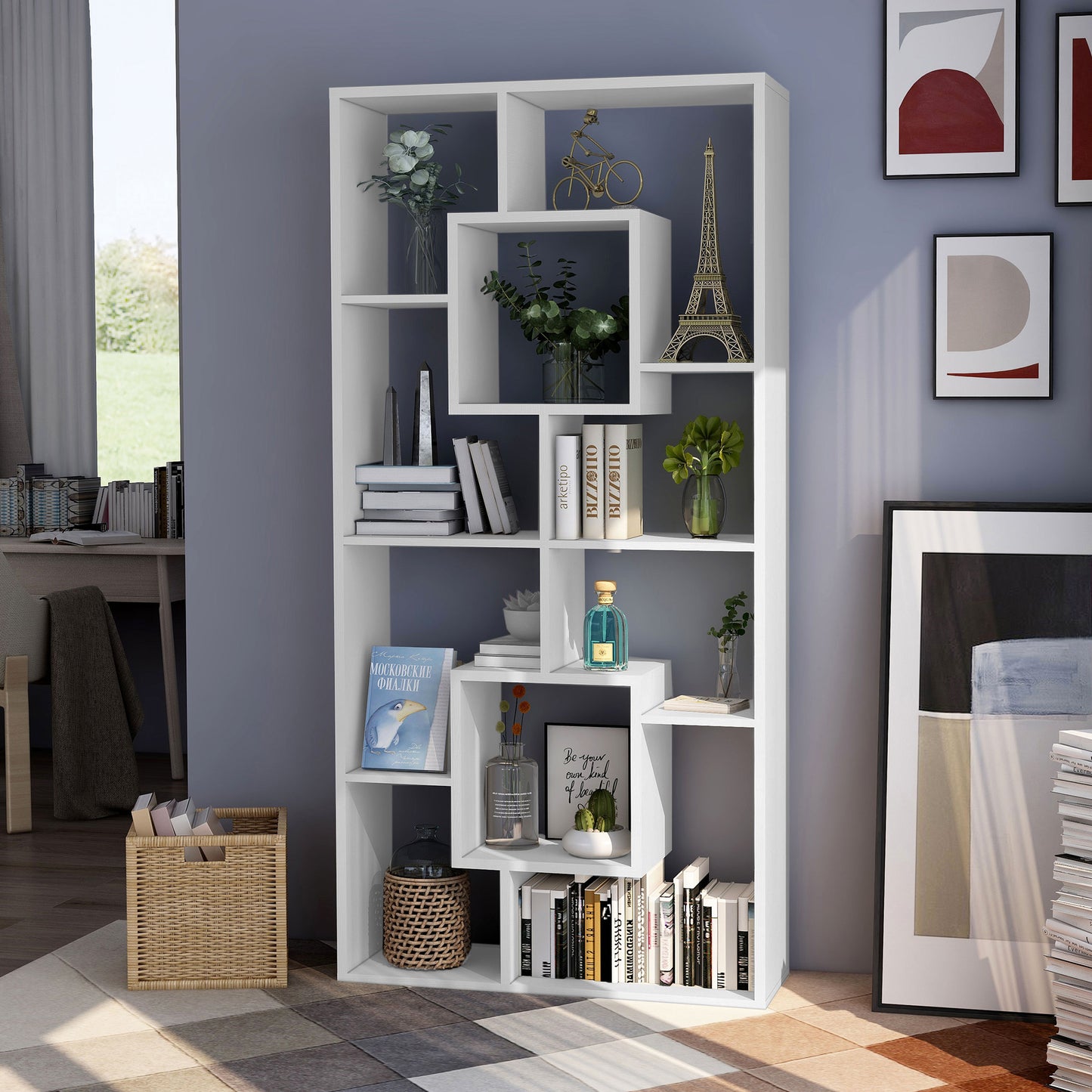 Left angled modern white geometric cube open display bookcase in a home office with accessories