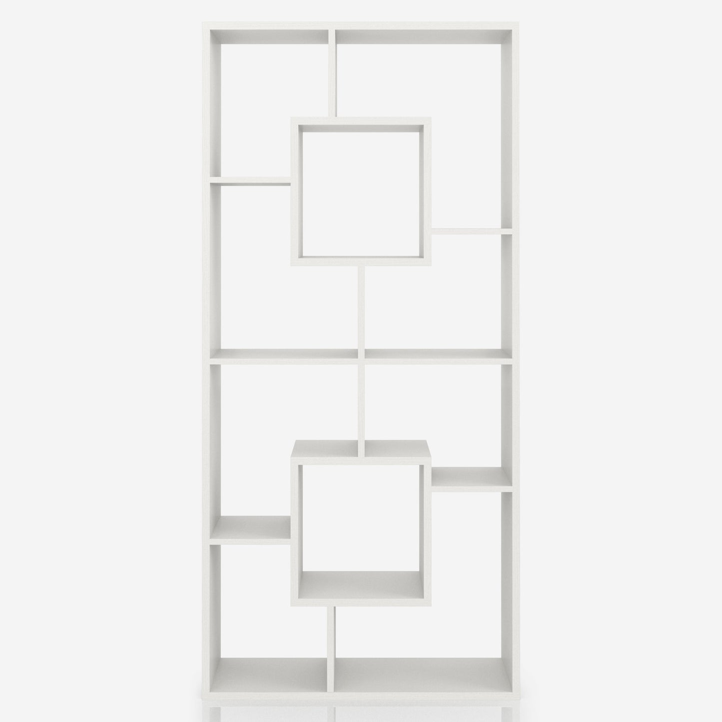 Front-facing modern white geometric cube open display bookcase on a white background