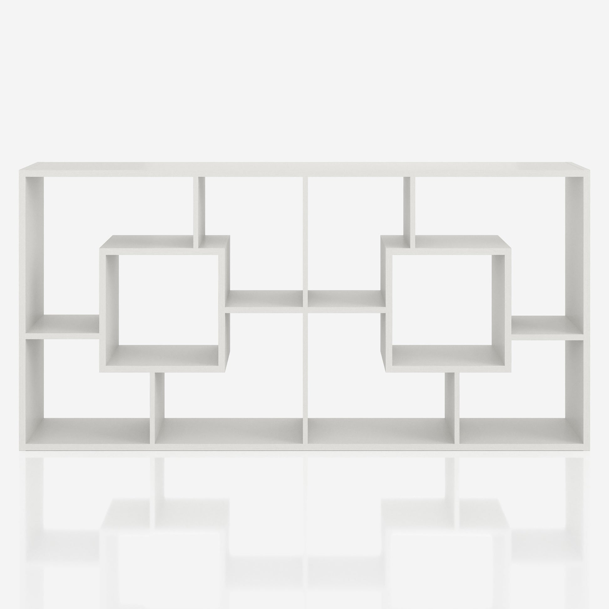 Front-facing horizontal modern white geometric cube open display bookcase on a white background