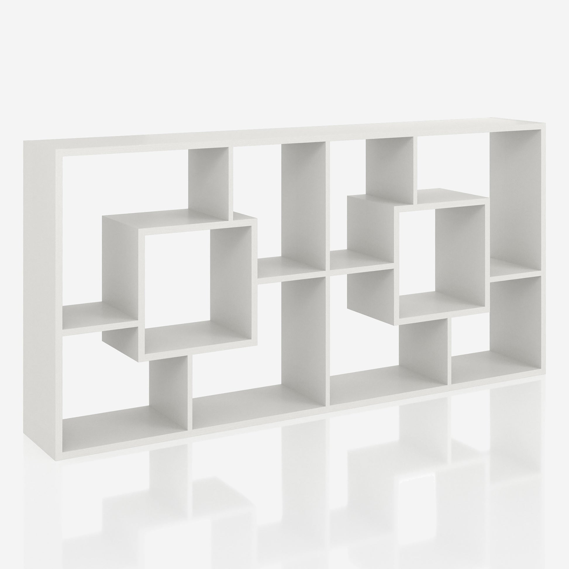 Right angled horizontal modern white geometric cube open display bookcase on a white background