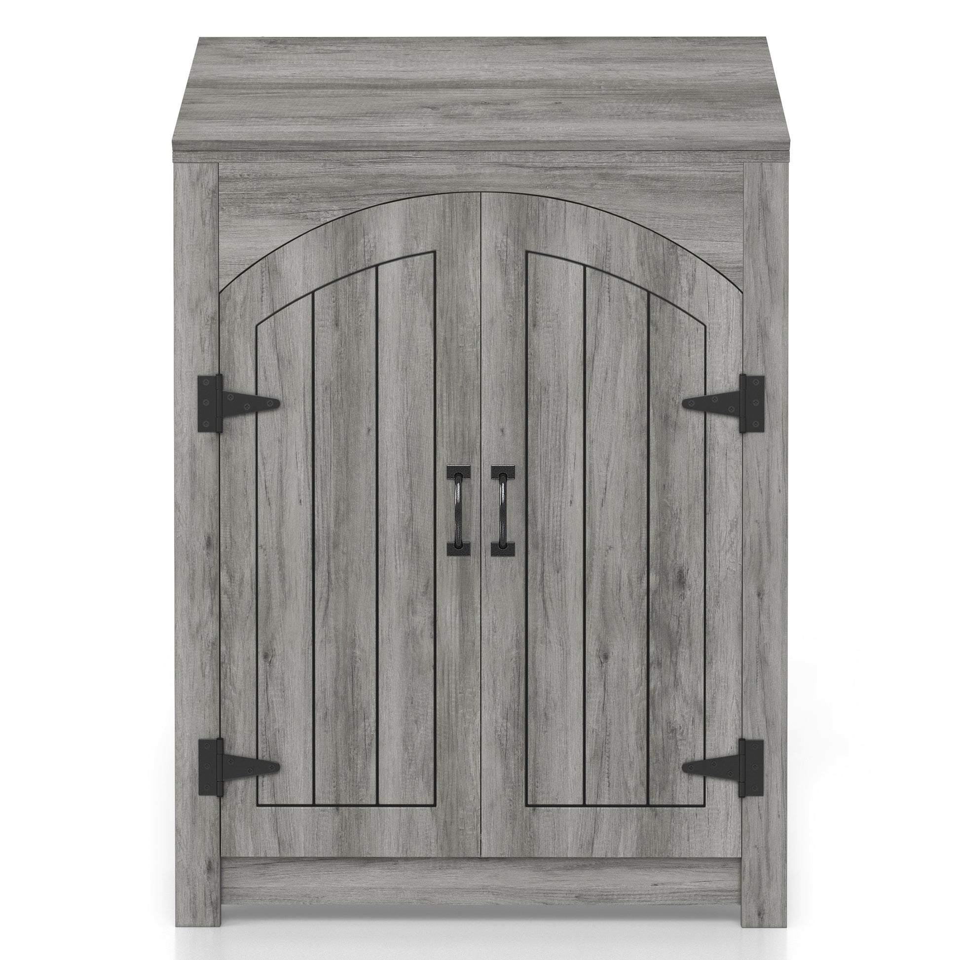 Front-facing farmhouse vintage gray oak four-shelf shoe cabinet with a lift-top on a white background