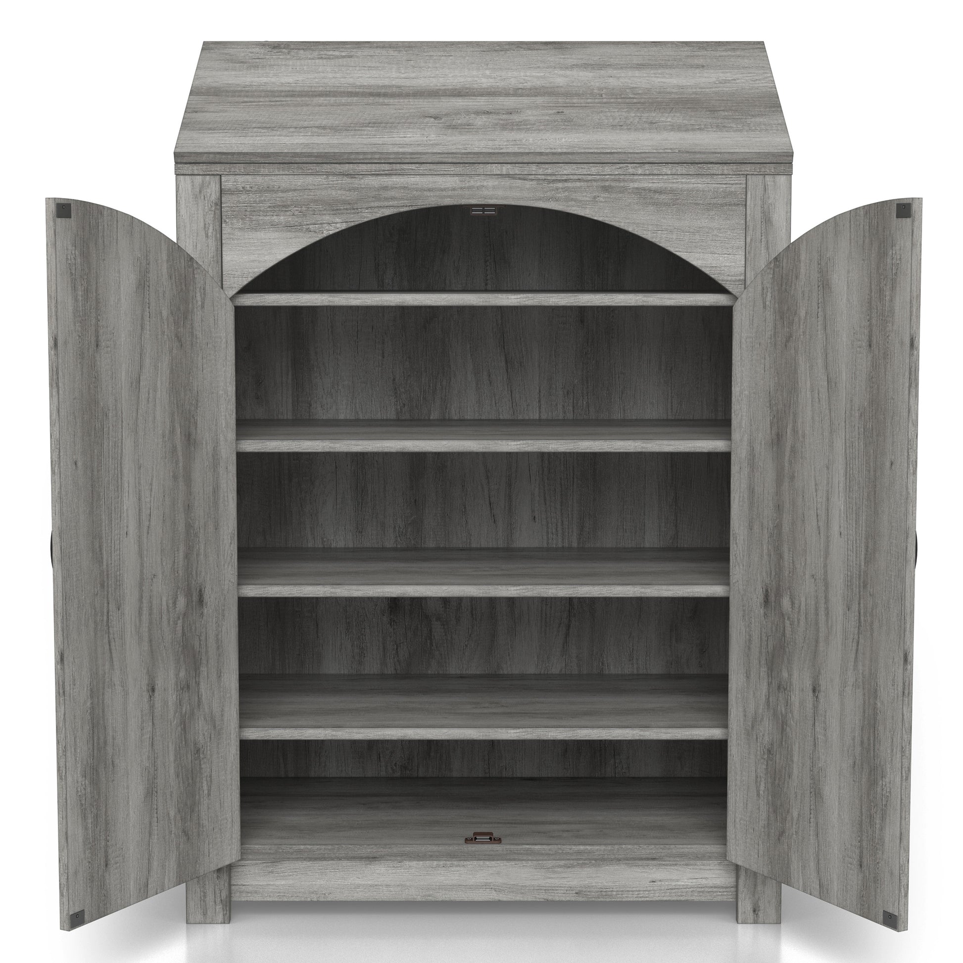 Front-facing farmhouse vintage gray oak four-shelf shoe cabinet with a lift-top and both doors open on a white background