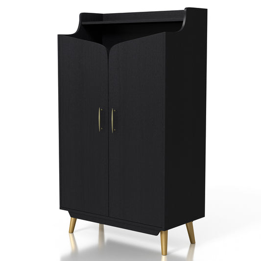 Left angled transitional black and gold two-door 14-pair shoe cabinet on a white background