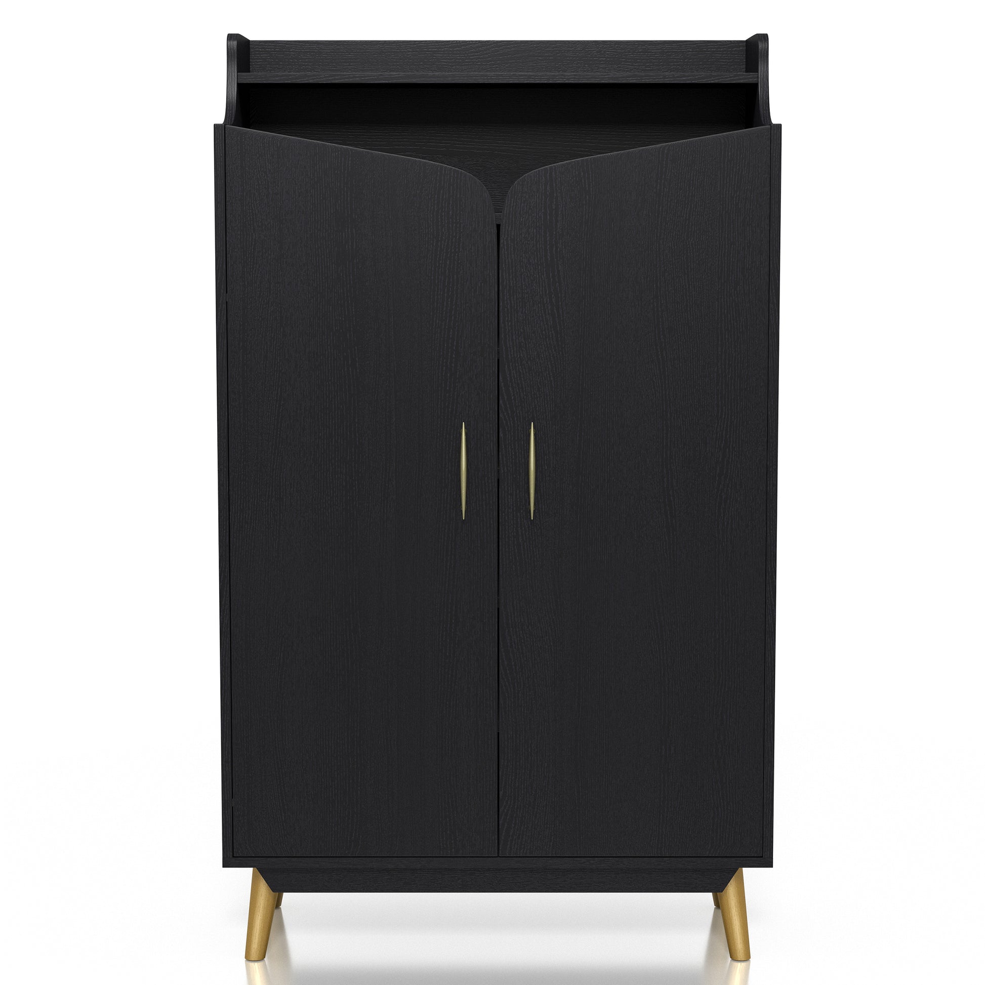Front-facing transitional black and gold two-door 14-pair shoe cabinet on a white background