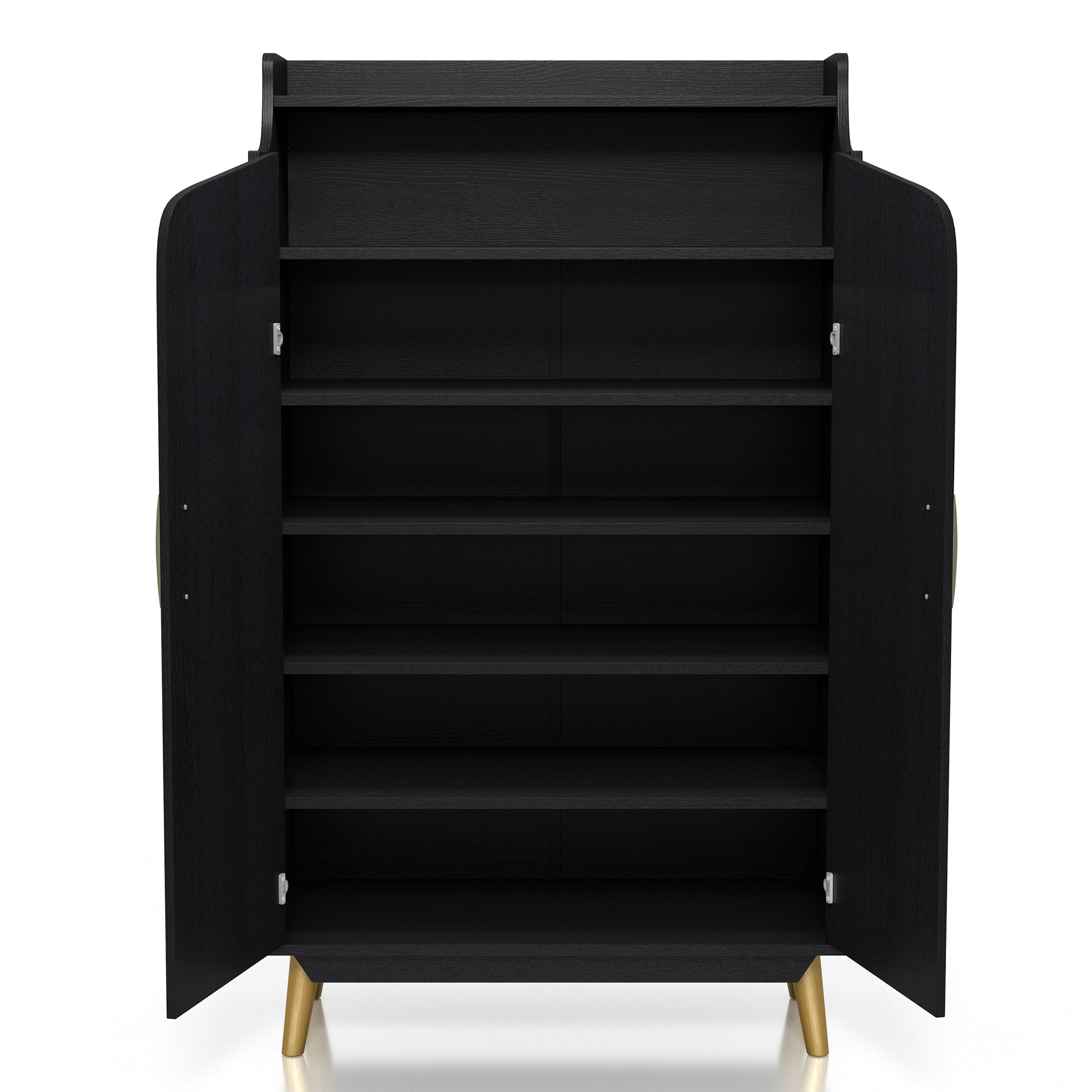 Front-facing transitional black and gold two-door 14-pair shoe cabinet with doors open on a white background