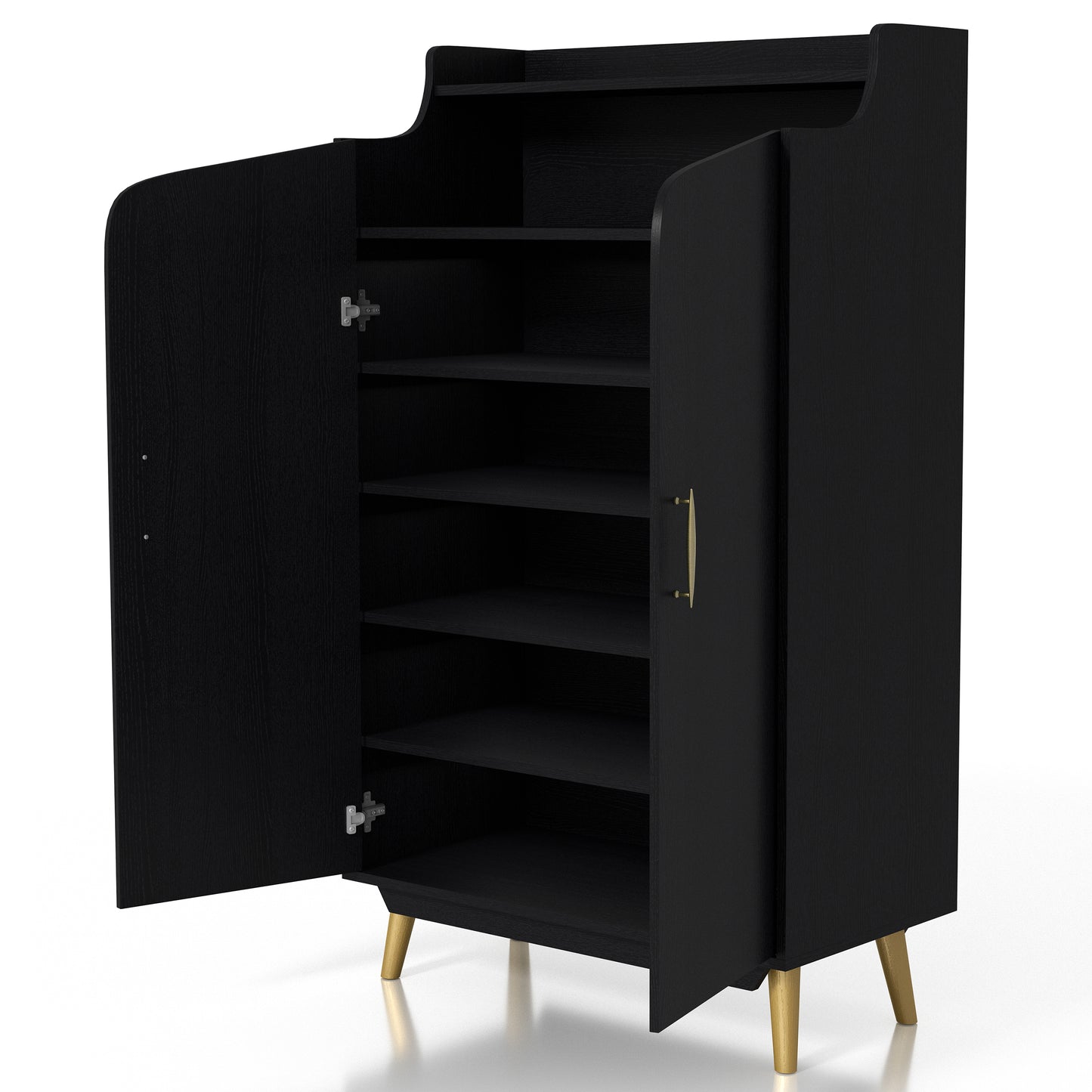 Left angled transitional black and gold two-door 14-pair shoe cabinet with doors open on a white background