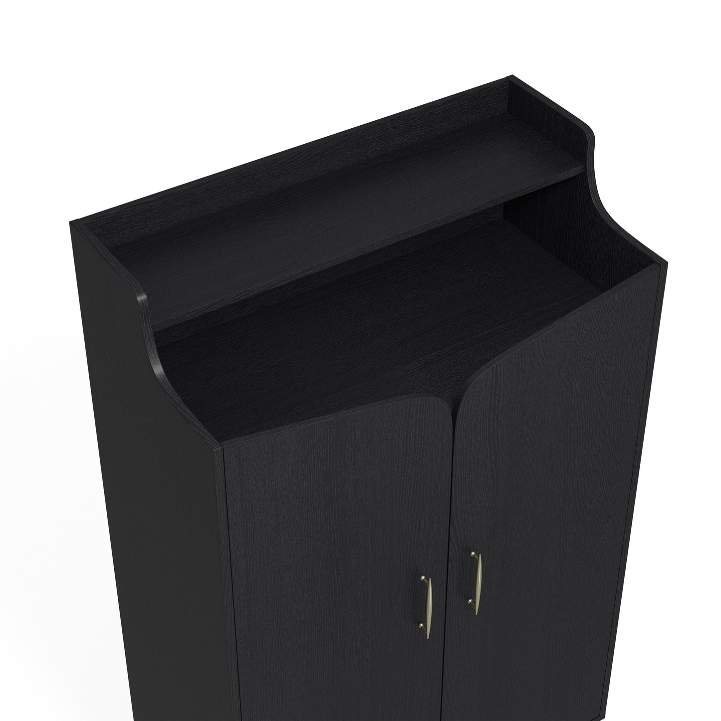 Right angled bird's eye view of a transitional black and gold two-door 14-pair shoe cabinet with doors open on a white background