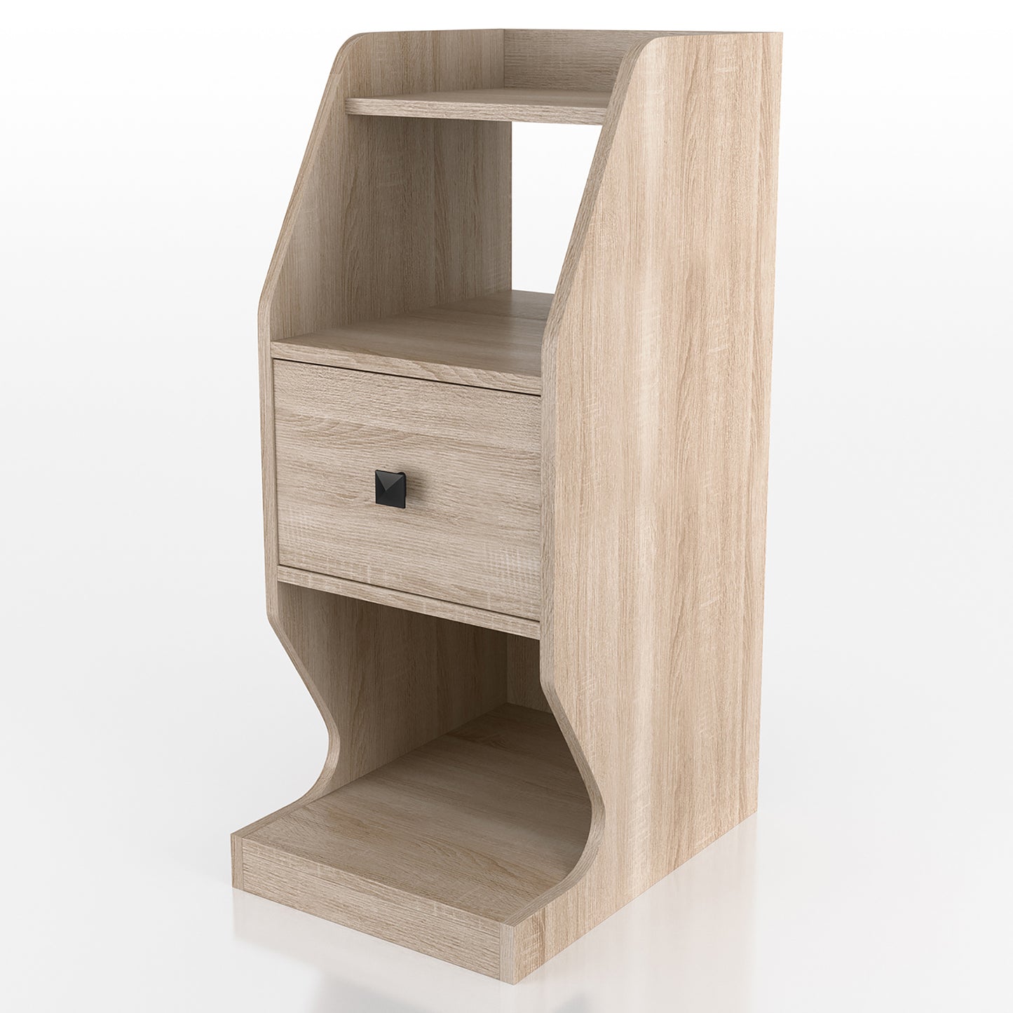 Left angled transitional natural oak tiered one-drawer nightstand on a white background