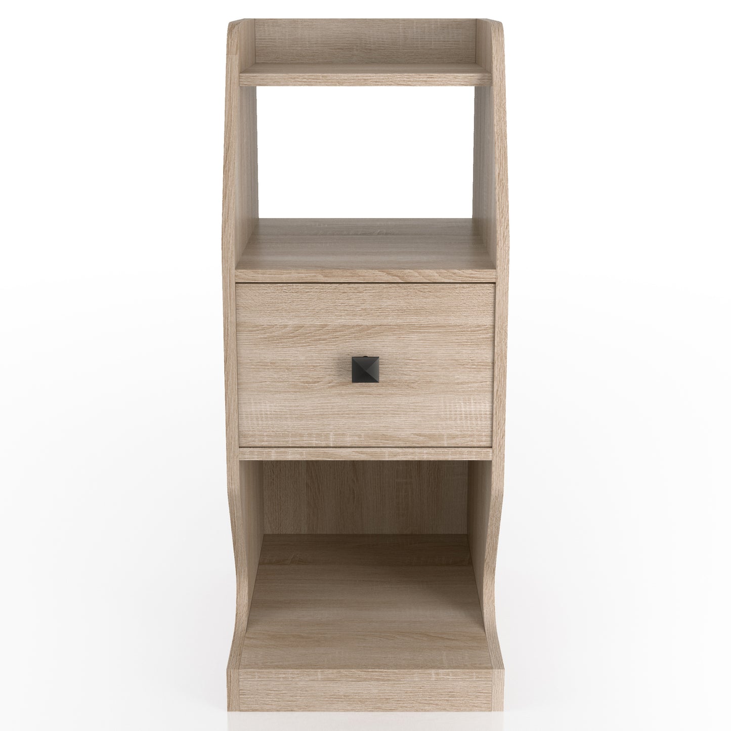 Front-facing transitional natural oak tiered one-drawer nightstand on a white background