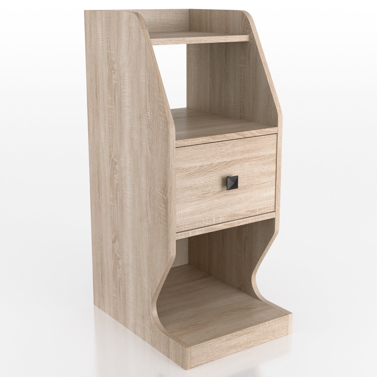 Right angled transitional natural oak tiered one-drawer nightstand on a white background