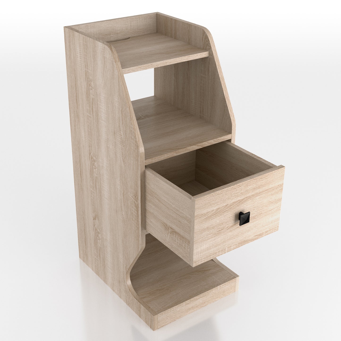 Right angled transitional natural oak tiered one-drawer nightstand with drawer open on a white background