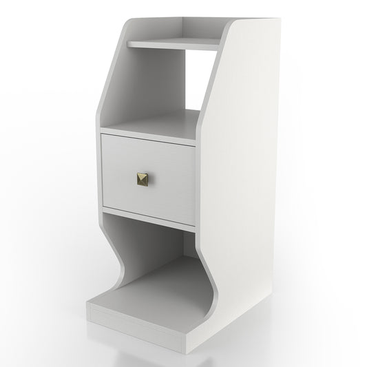 Left angled transitional white tiered one-drawer nightstand on a white background