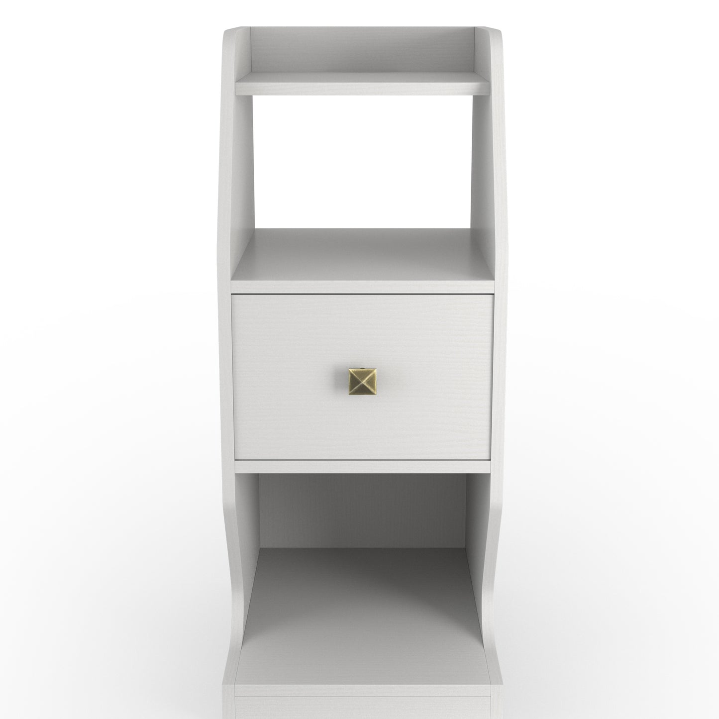 Front-facing transitional white tiered one-drawer nightstand on a white background