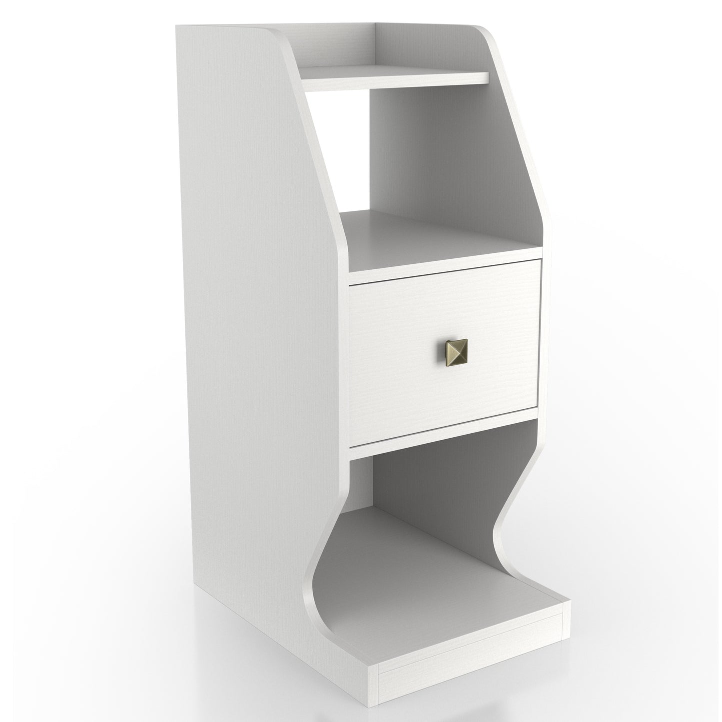 Right angled transitional white tiered one-drawer nightstand on a white background
