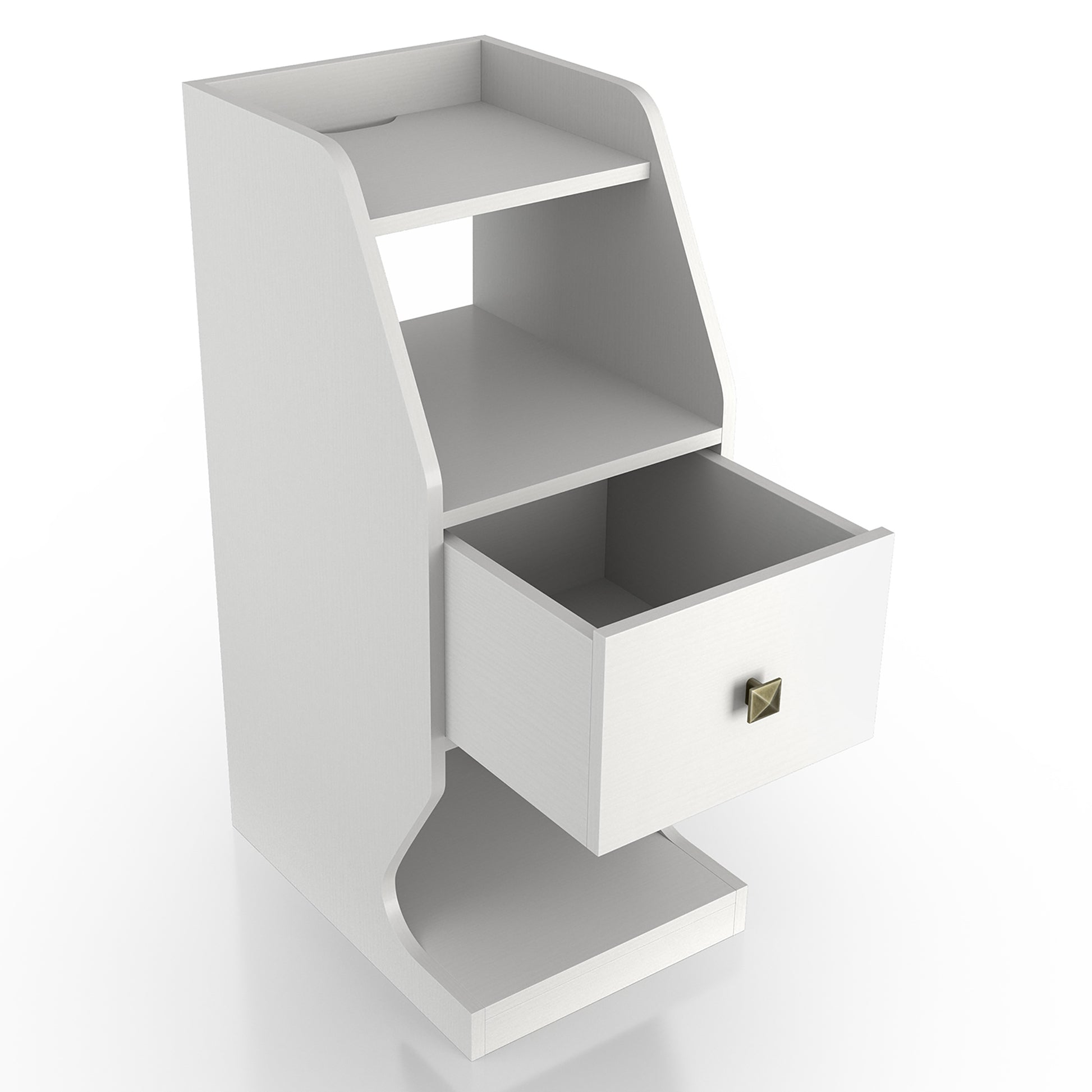 Right angled transitional white tiered one-drawer nightstand with drawer open on a white background