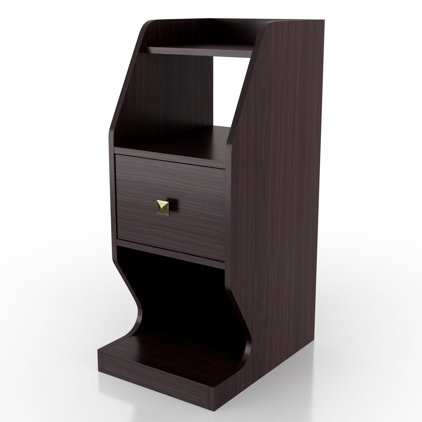 Left angled transitional espresso tiered one-drawer nightstand on a white background