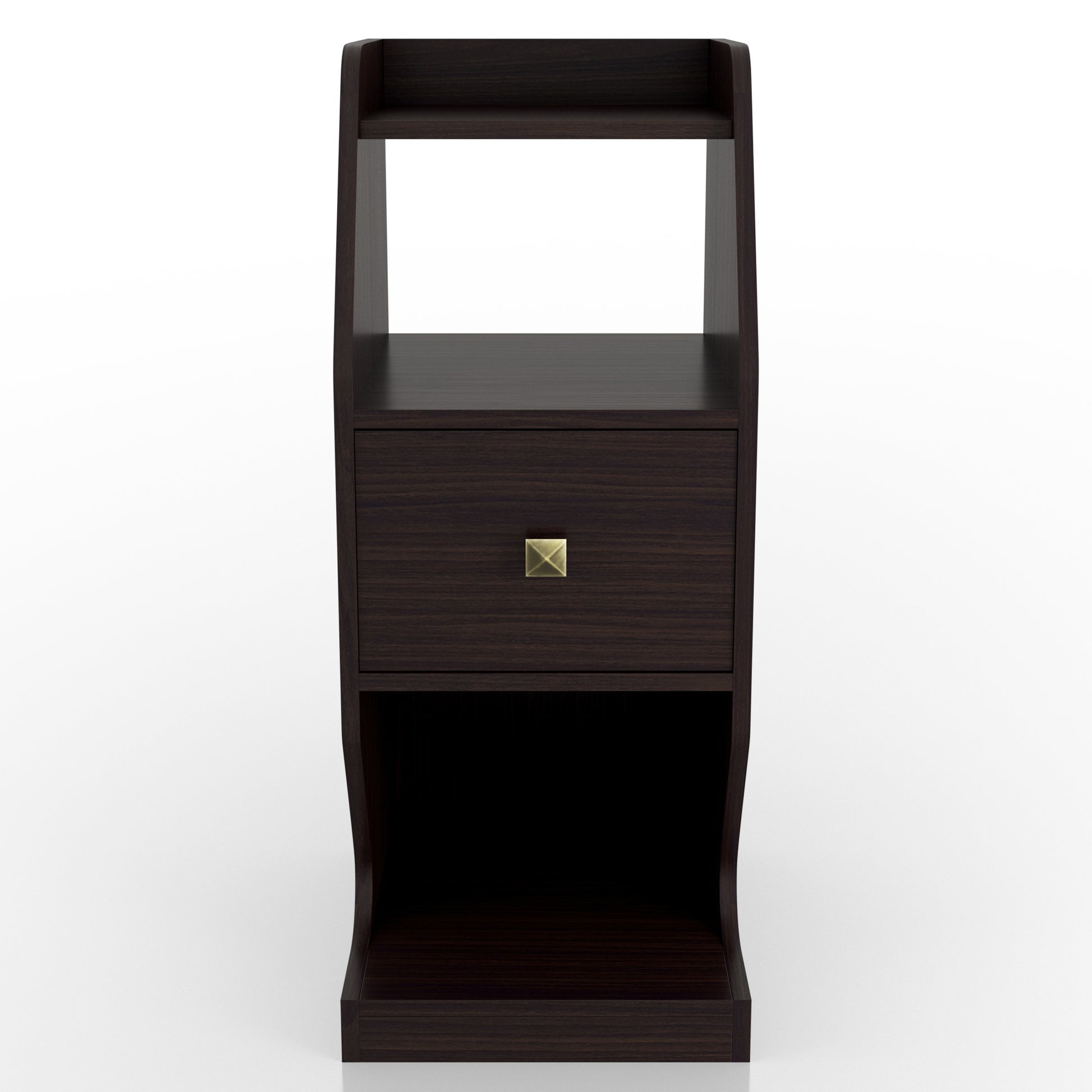 Front-facing transitional espresso tiered one-drawer nightstand on a white background