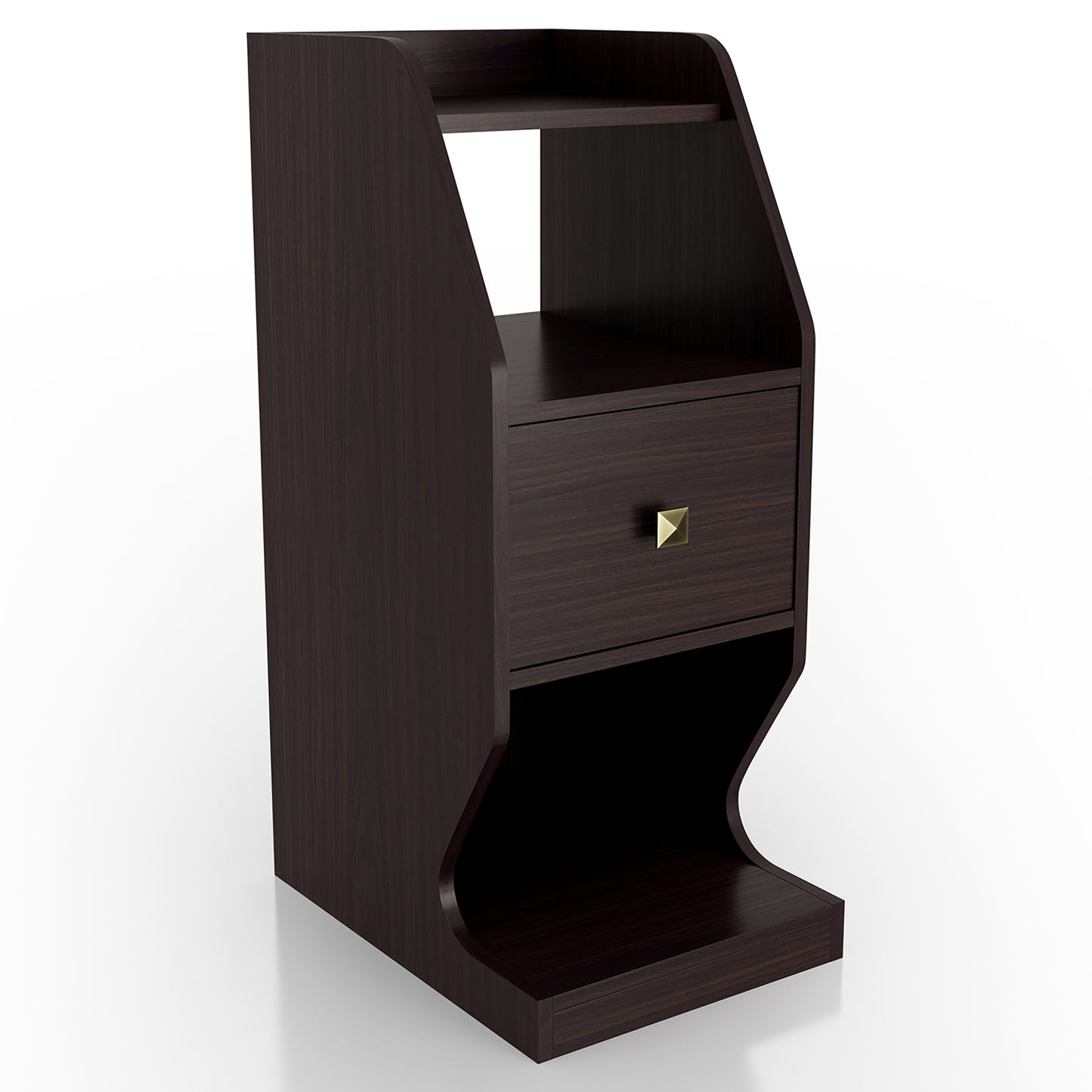 Right angled transitional espresso tiered one-drawer nightstand on a white background