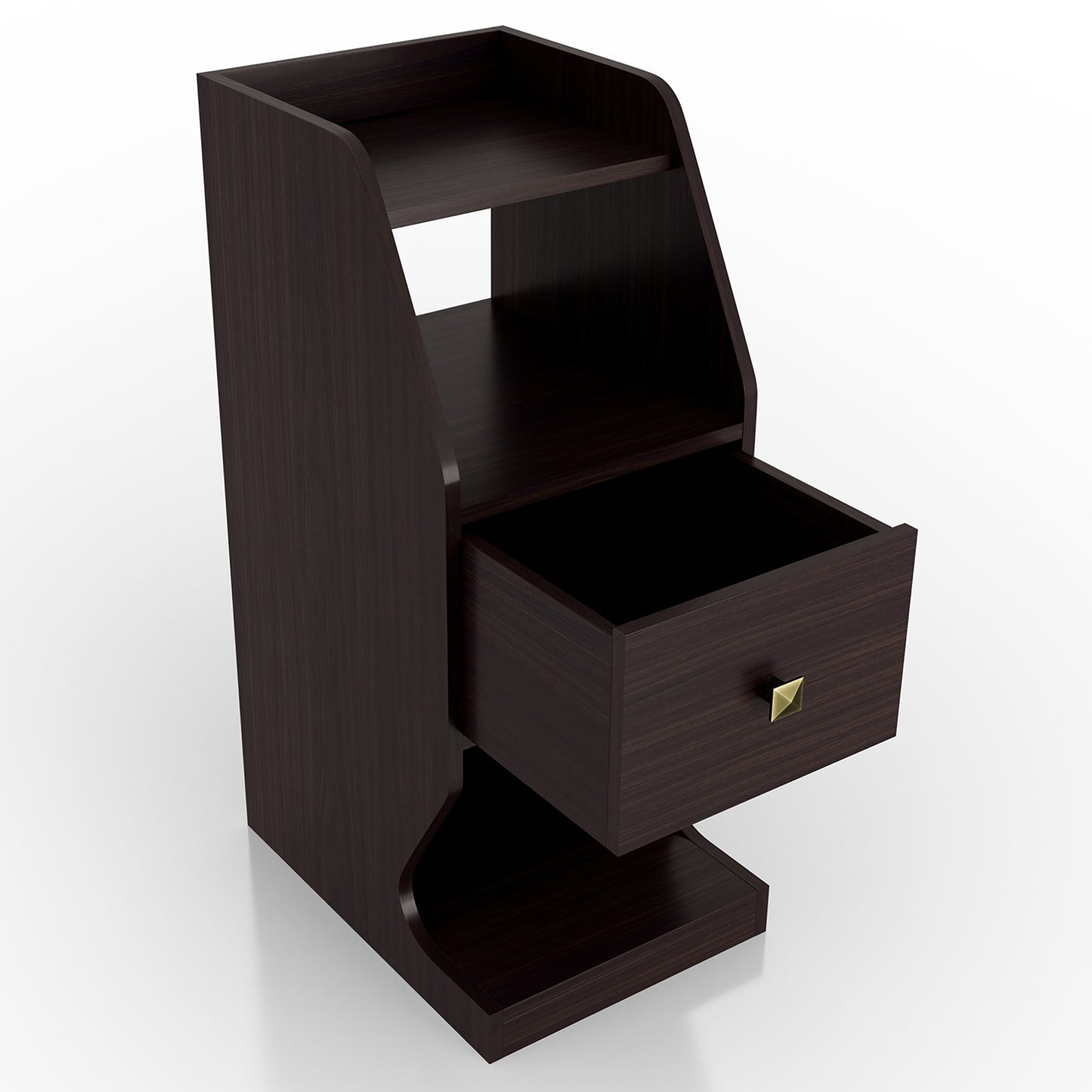 Right angled transitional espresso tiered one-drawer nightstand with drawer open on a white background