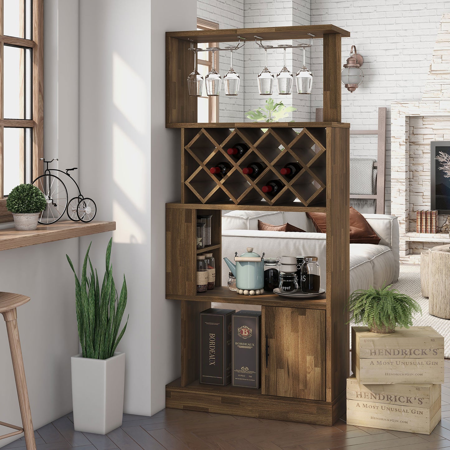 Left angled rustic light hickory four-tier 11-bottle wine rack with stemware storage in a living area with accessories