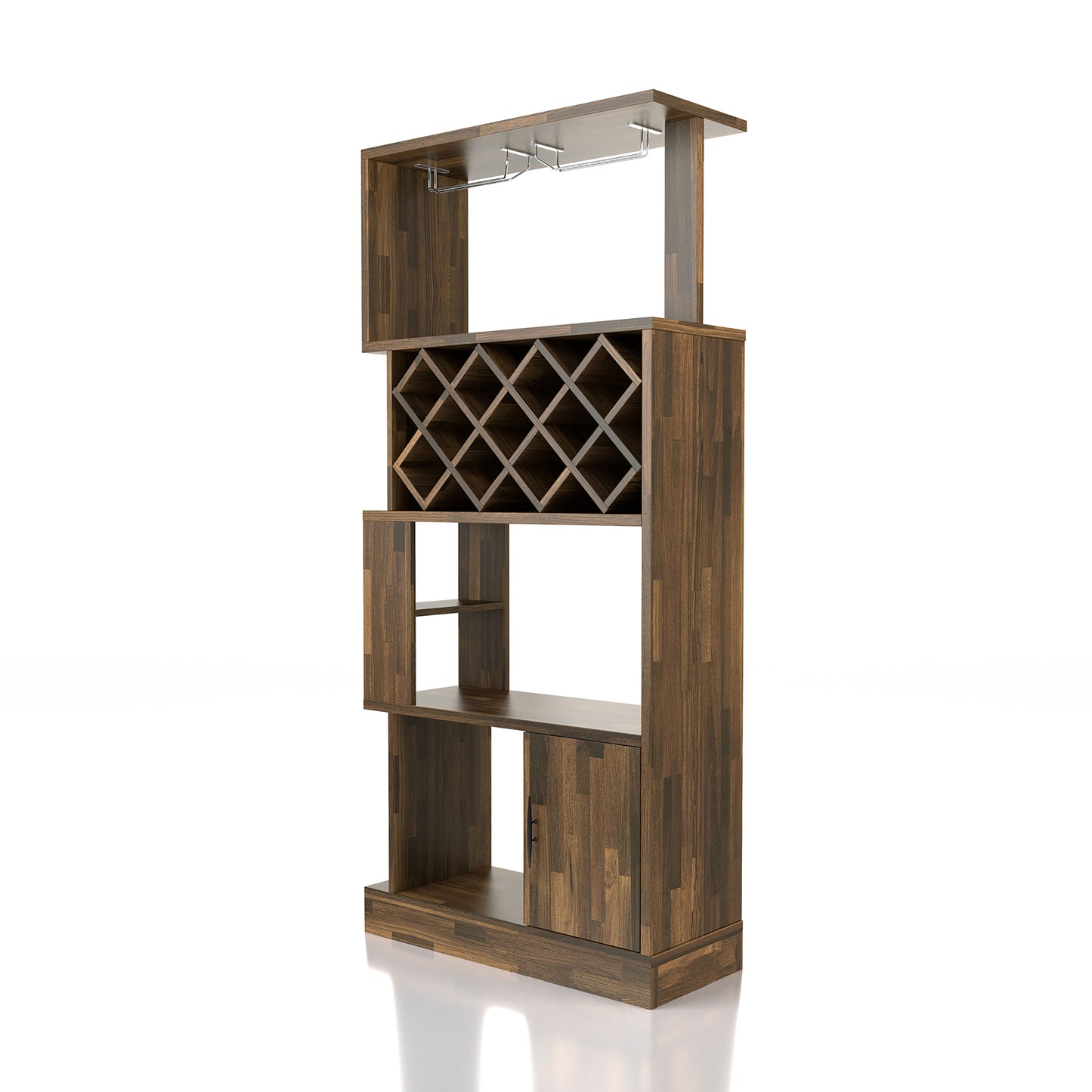 Left angled rustic light hickory four-tier 11-bottle wine rack with stemware storage on a white background