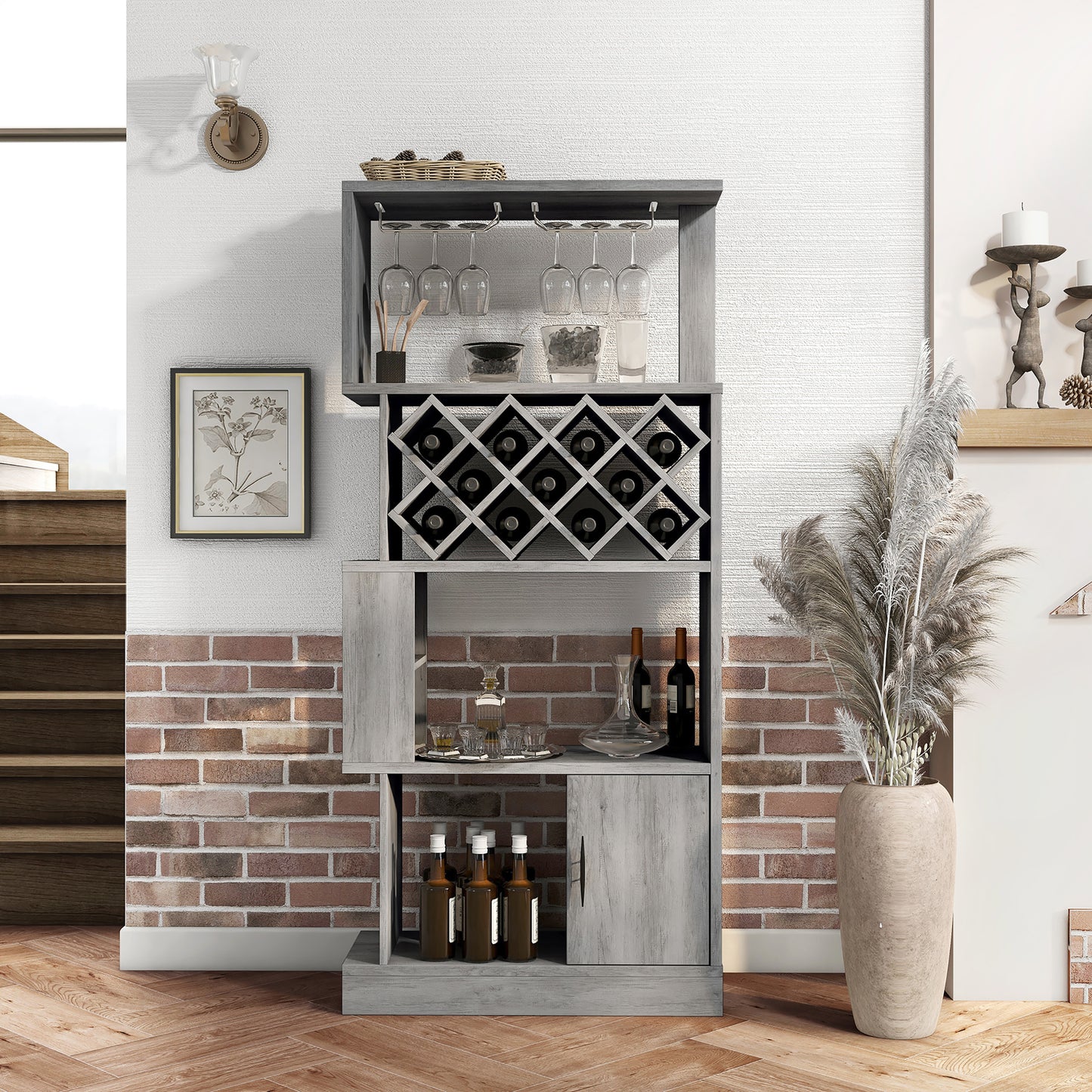 Front-facing vintage gray oak four-tier 11-bottle wine rack with stemware storage in a living area with accessories