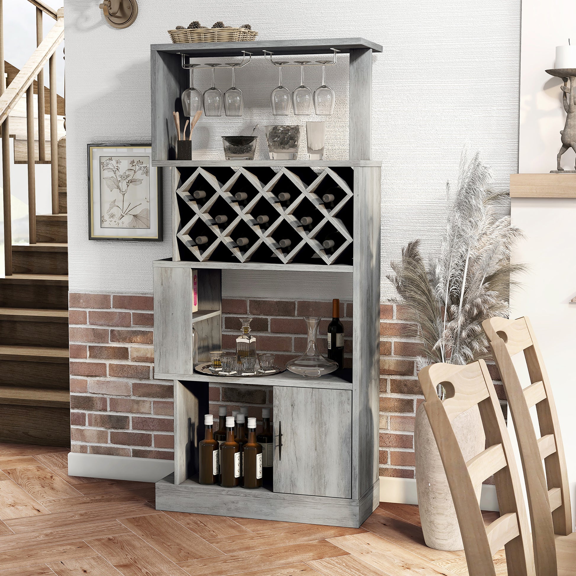 Left angled vintage gray oak four-tier 11-bottle wine rack with stemware storage in a living area with accessories
