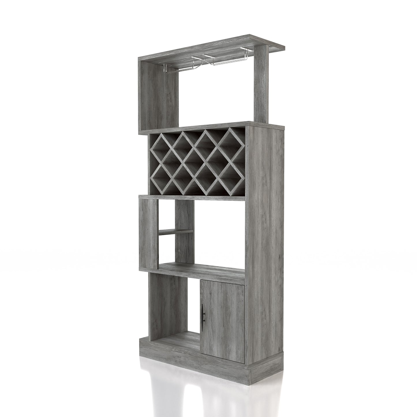 Left angled vintage gray oak four-tier 11-bottle wine rack with stemware storage on a white background