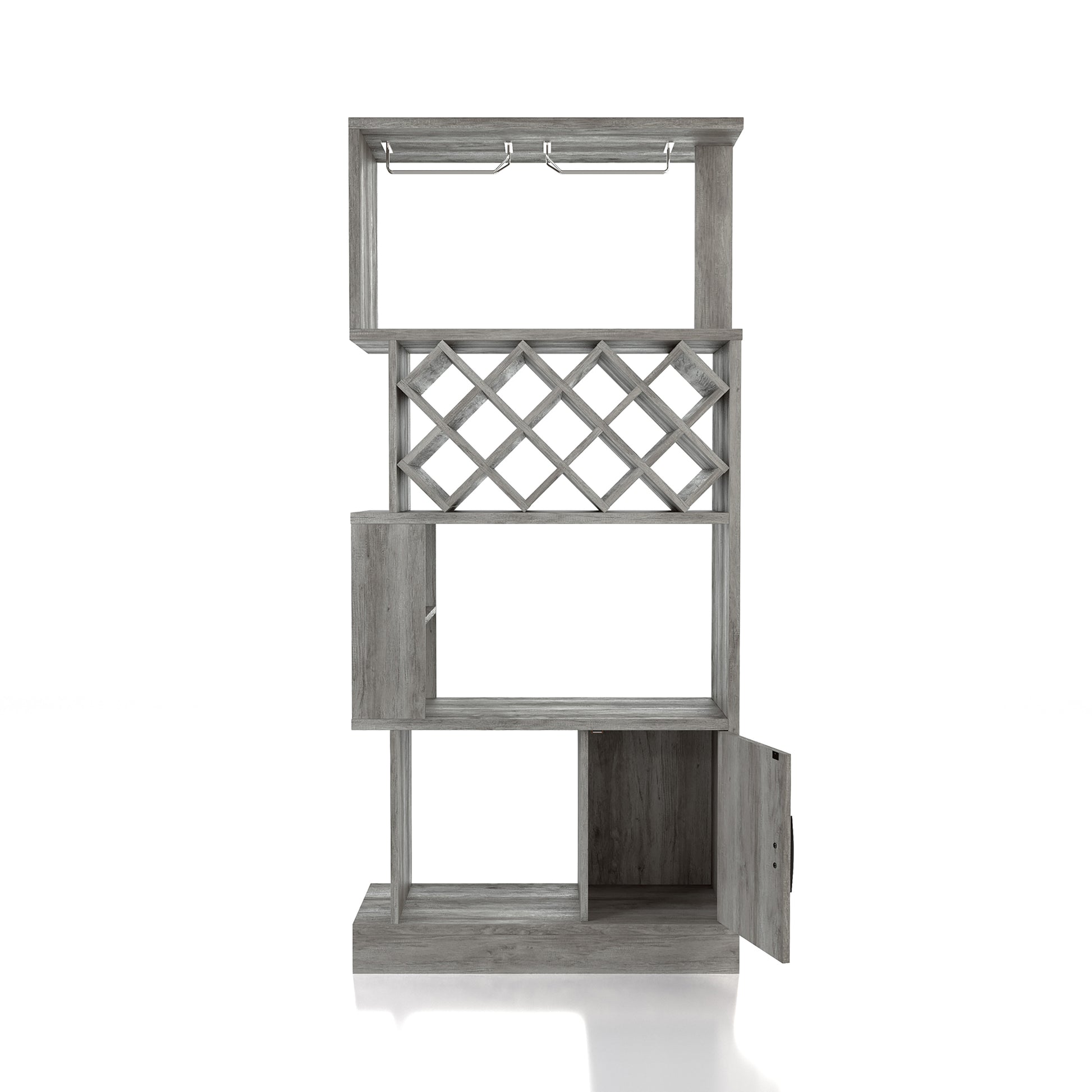 Front-facing vintage gray oak four-tier 11-bottle wine rack with stemware storage and door open on a white background