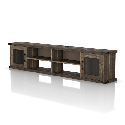 Left angled modern reclaimed oak four-shelf wall mountable TV stand with glass doors on a white background